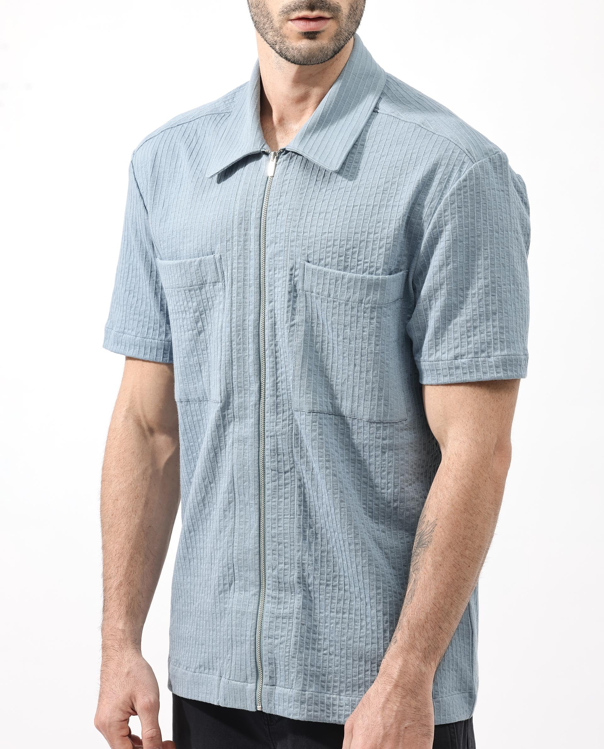 Rare Rabbit Mens Loomz Dusky Blue Half Sleeve Solid Broad Collar Zipper Closure Self Stripe Shirt