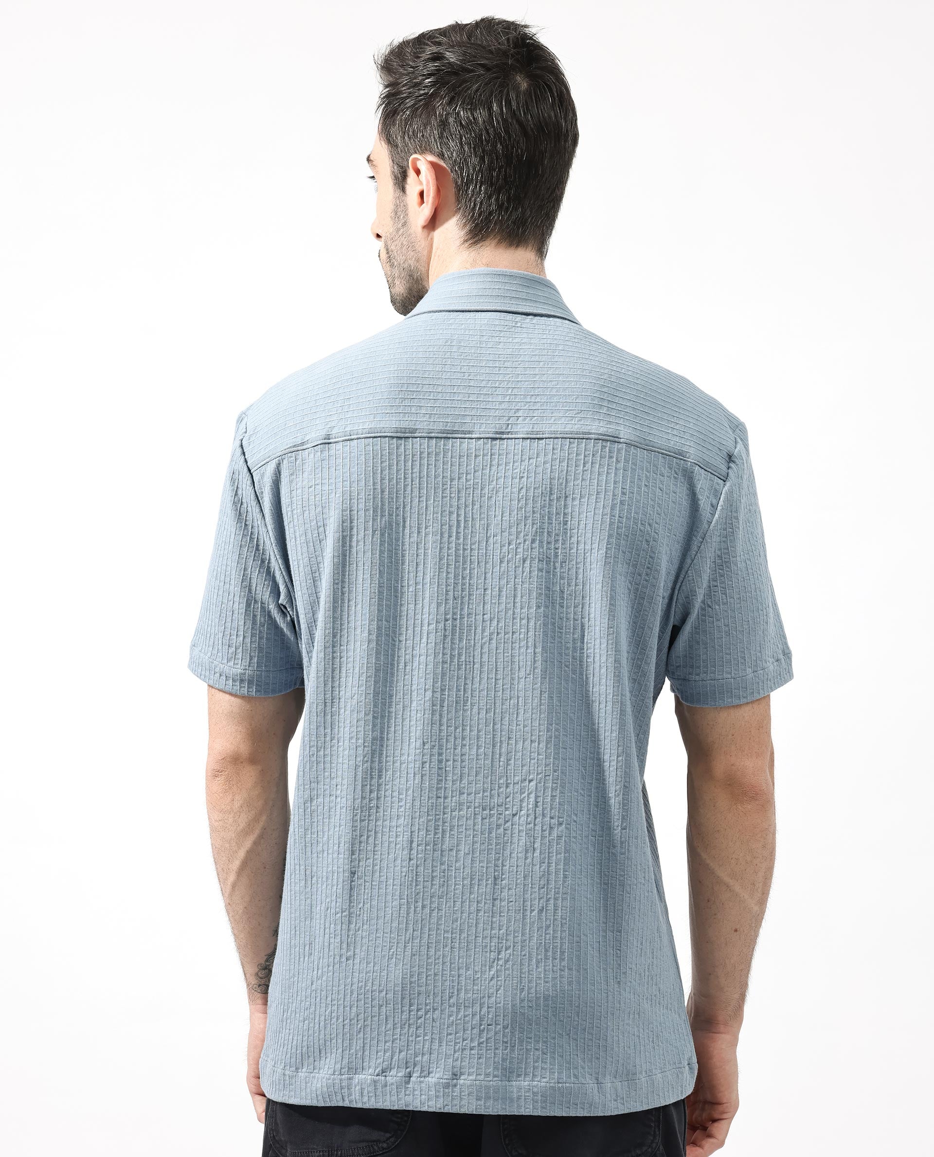 Rare Rabbit Mens Loomz Dusky Blue Half Sleeve Solid Broad Collar Zipper Closure Self Stripe Shirt