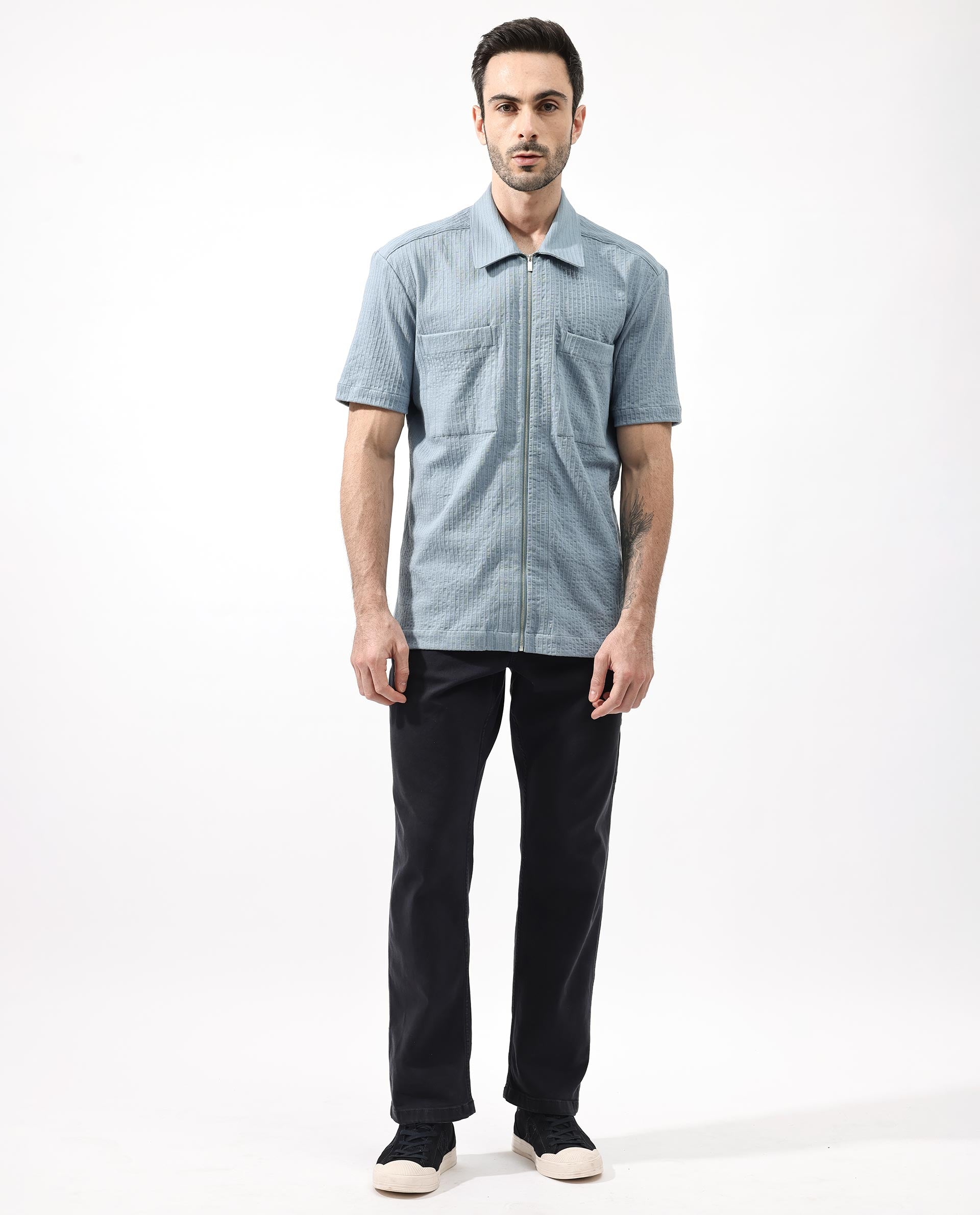 Rare Rabbit Mens Loomz Dusky Blue Half Sleeve Solid Broad Collar Zipper Closure Self Stripe Shirt