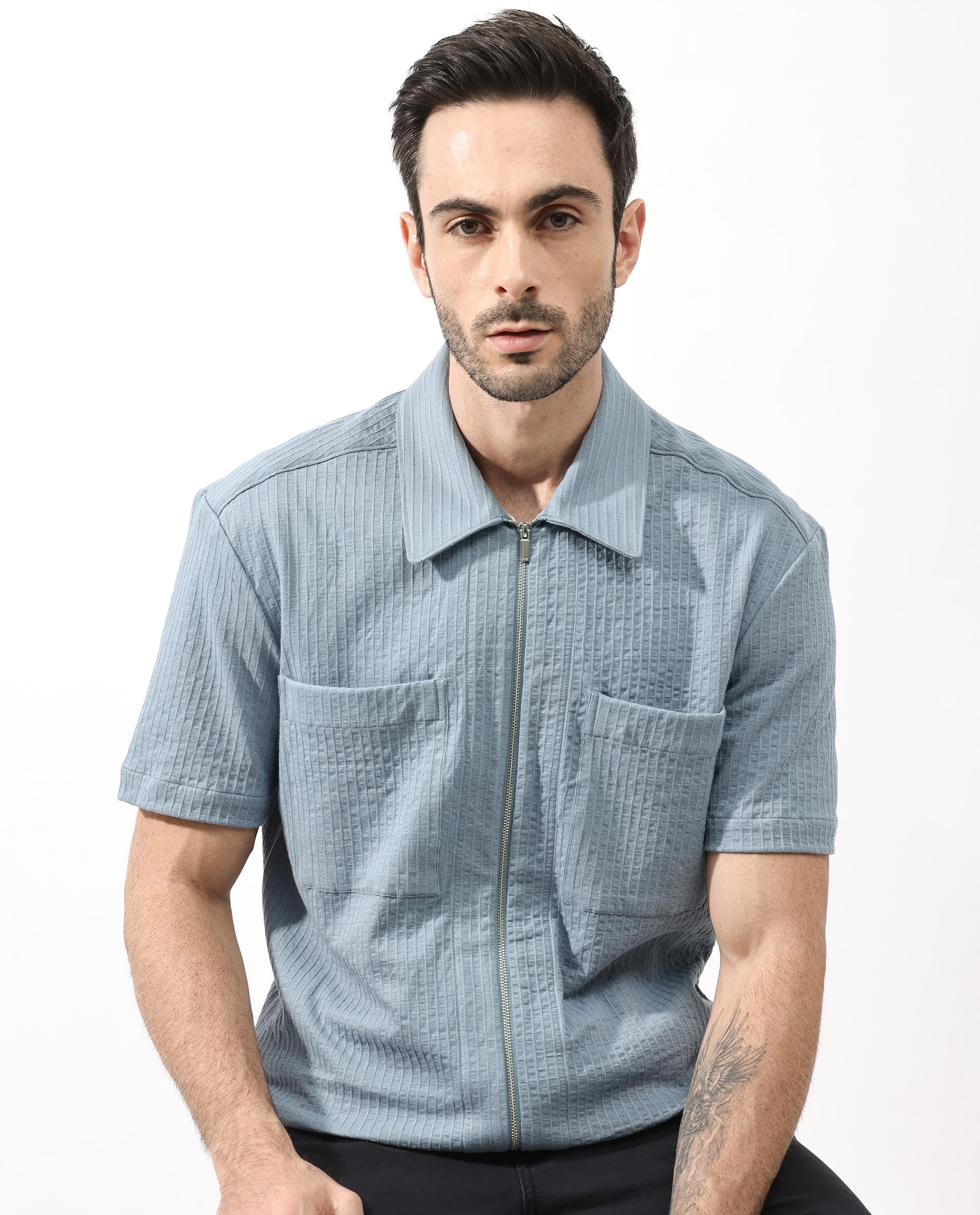 Rare Rabbit Mens Loomz Dusky Blue Half Sleeve Solid Broad Collar Zipper Closure Self Stripe Shirt