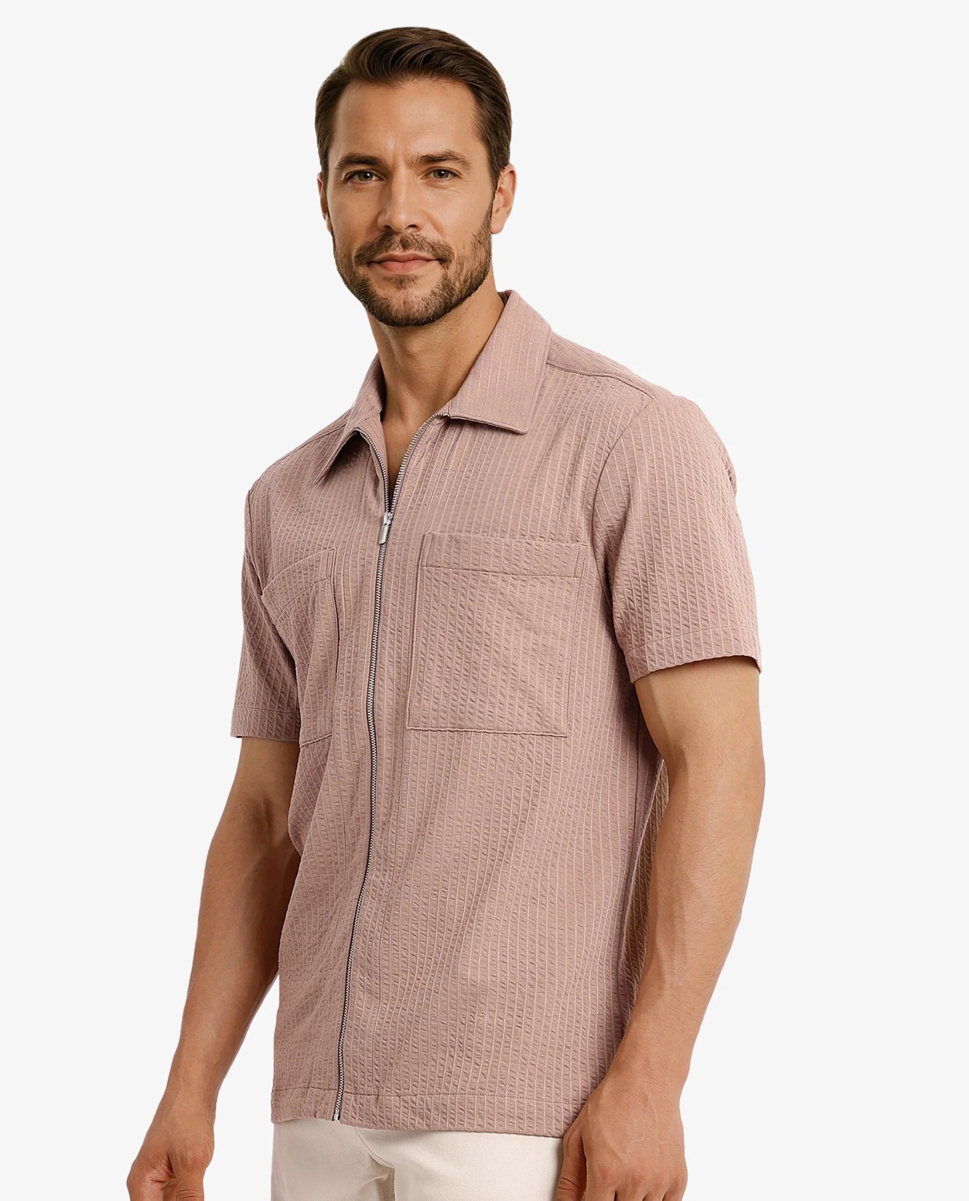 Rare Rabbit Mens Loomz Light Brown Half Sleeve Solid Broad Collar Zipper Closure Self Stripe Shirt