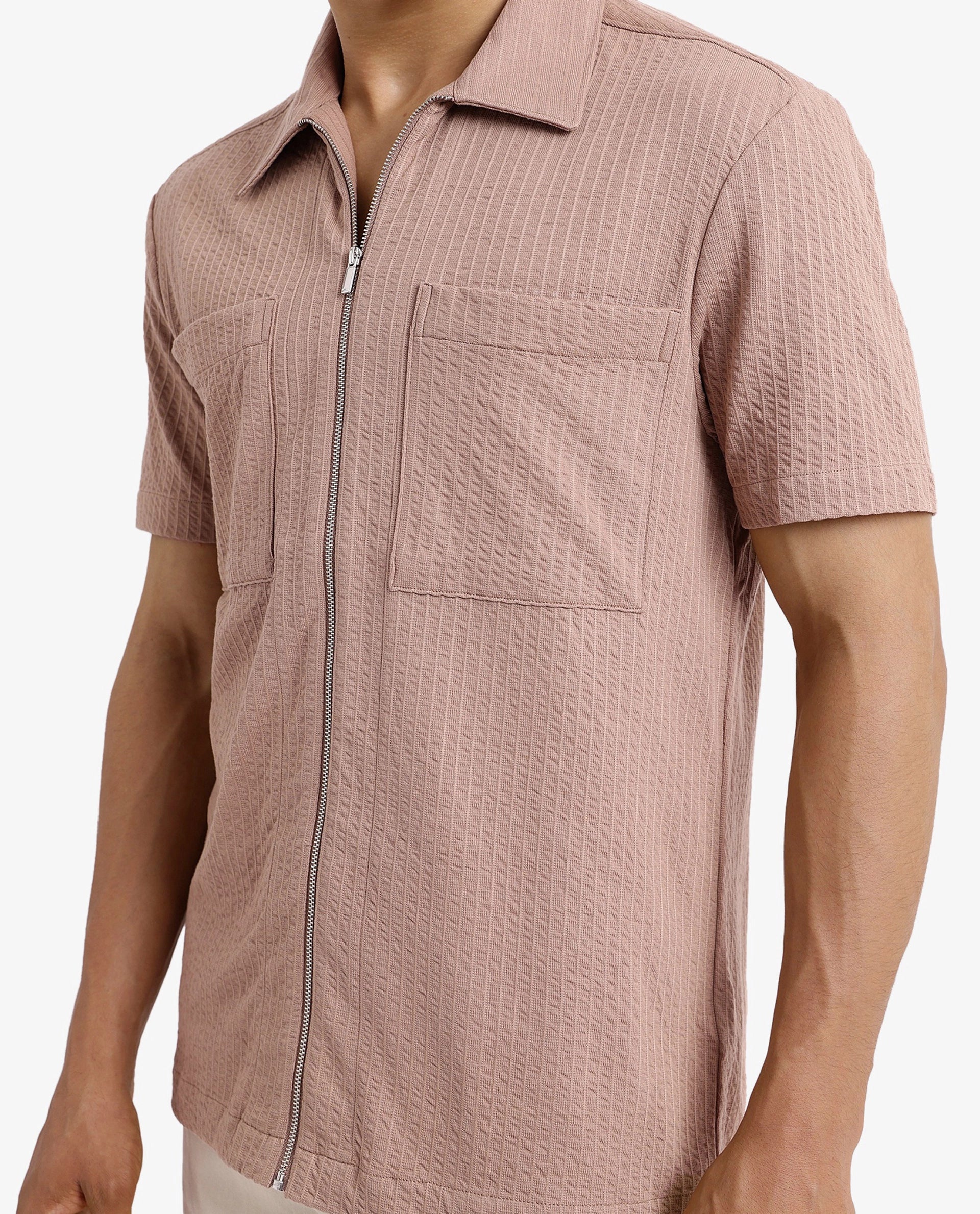 Rare Rabbit Mens Loomz Light Brown Half Sleeve Solid Broad Collar Zipper Closure Self Stripe Shirt