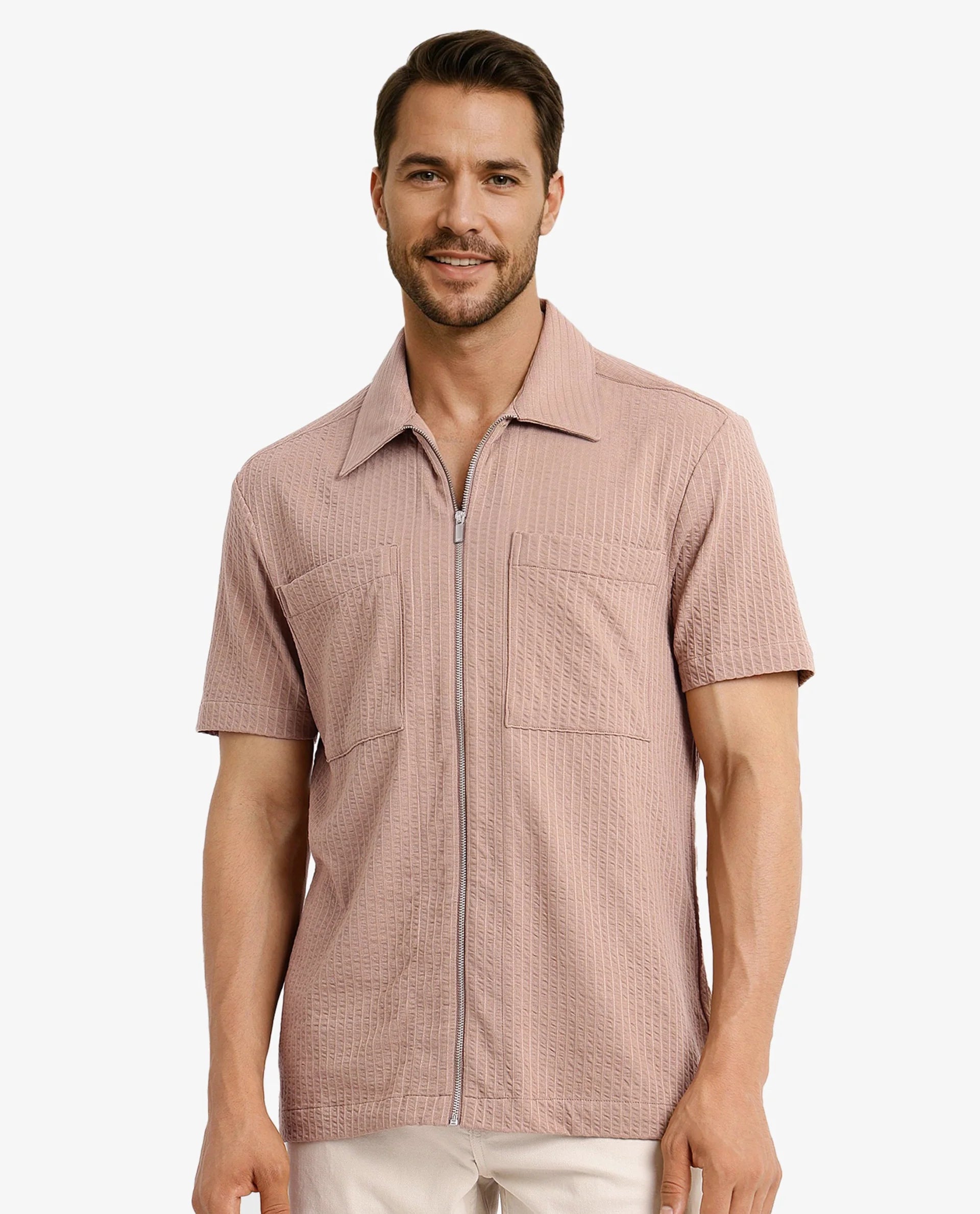 Rare Rabbit Mens Loomz Light Brown Half Sleeve Solid Broad Collar Zipper Closure Self Stripe Shirt