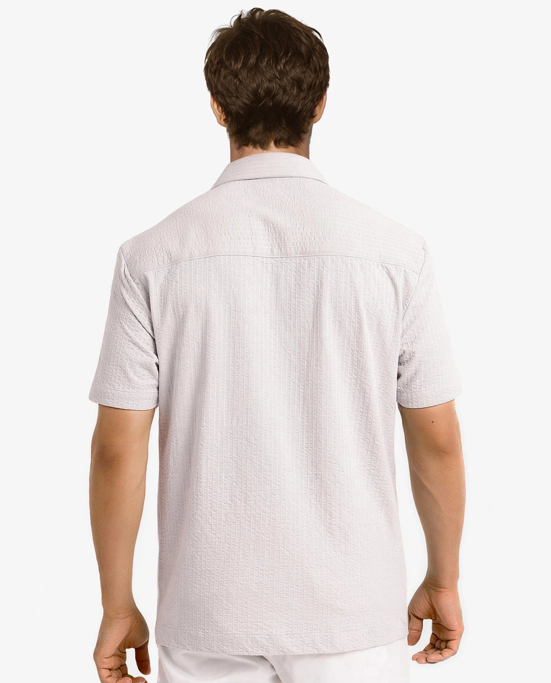 Rare Rabbit Mens Loomz Light Grey Half Sleeve Solid Broad Collar Zipper Closure Self Stripe Shirt