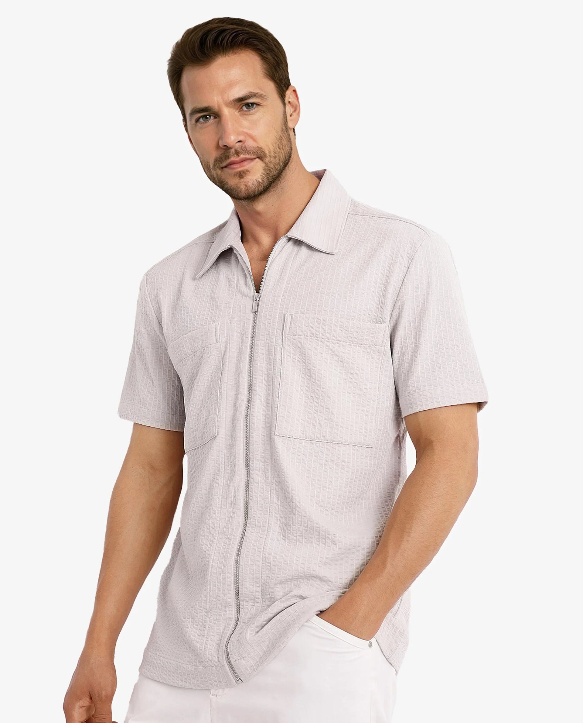 Rare Rabbit Mens Loomz Light Grey Half Sleeve Solid Broad Collar Zipper Closure Self Stripe Shirt