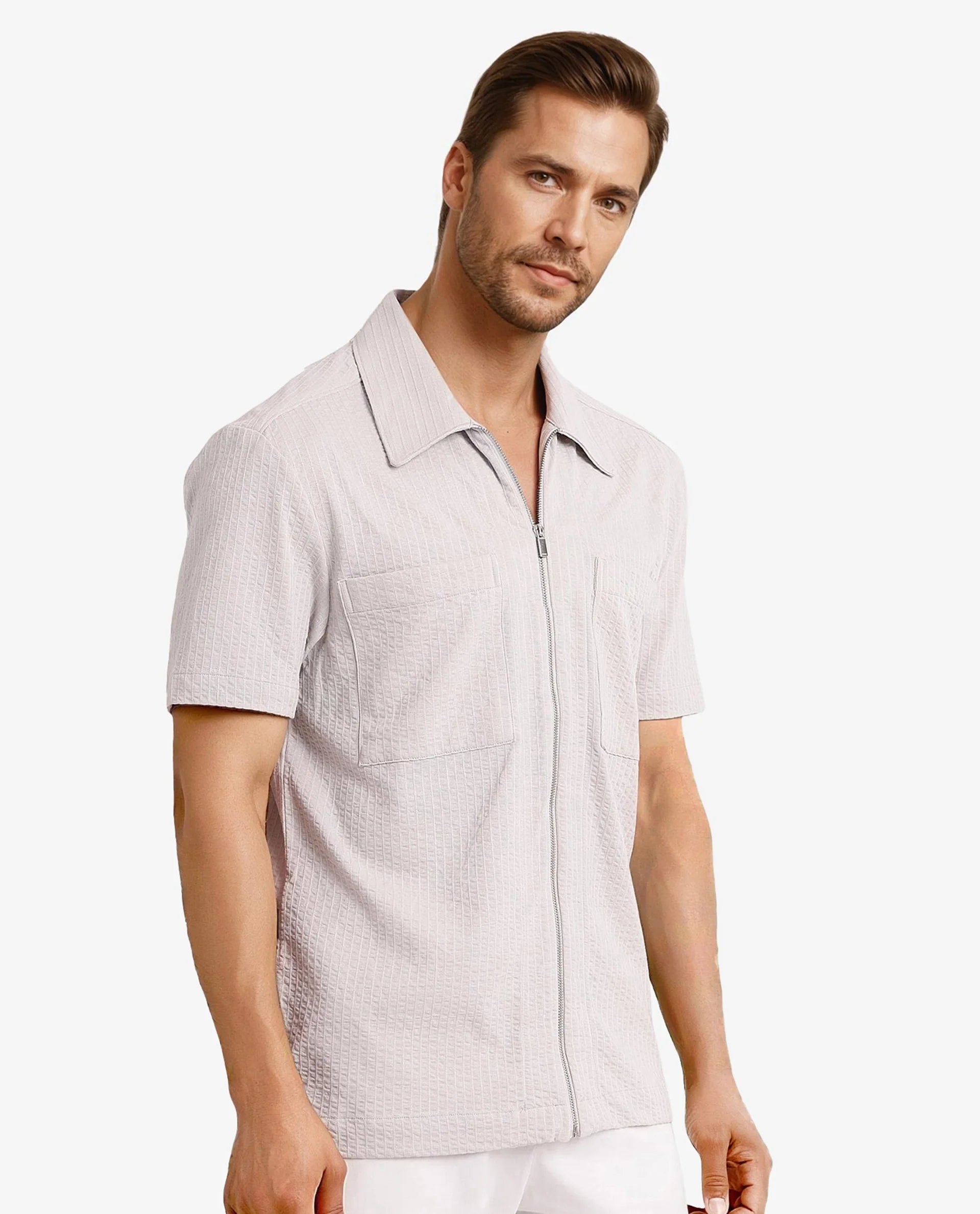 Rare Rabbit Mens Loomz Light Grey Half Sleeve Solid Broad Collar Zipper Closure Self Stripe Shirt