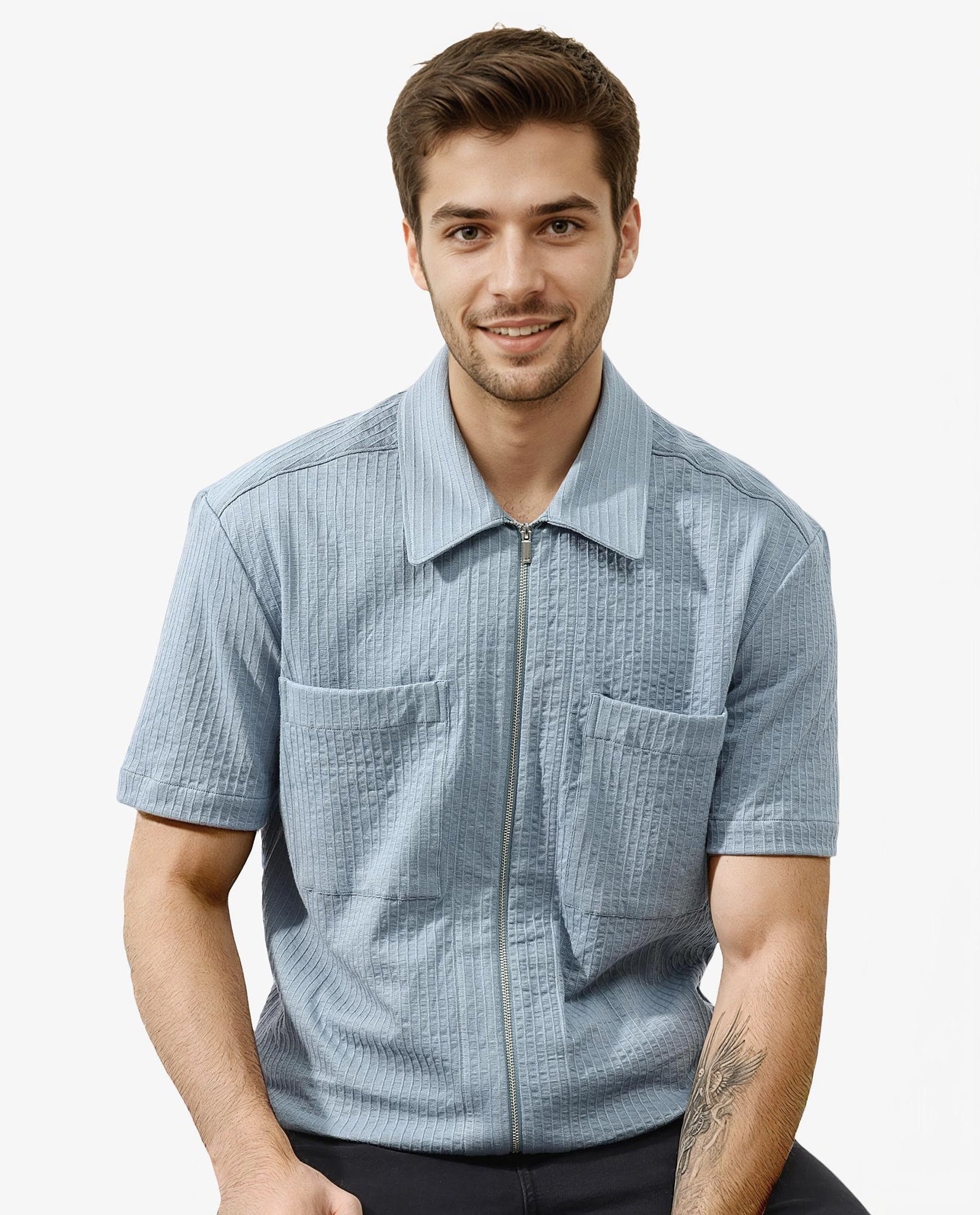 Rare Rabbit Mens Loomz Dusky Blue Half Sleeve Solid Broad Collar Zipper Closure Self Stripe Shirt