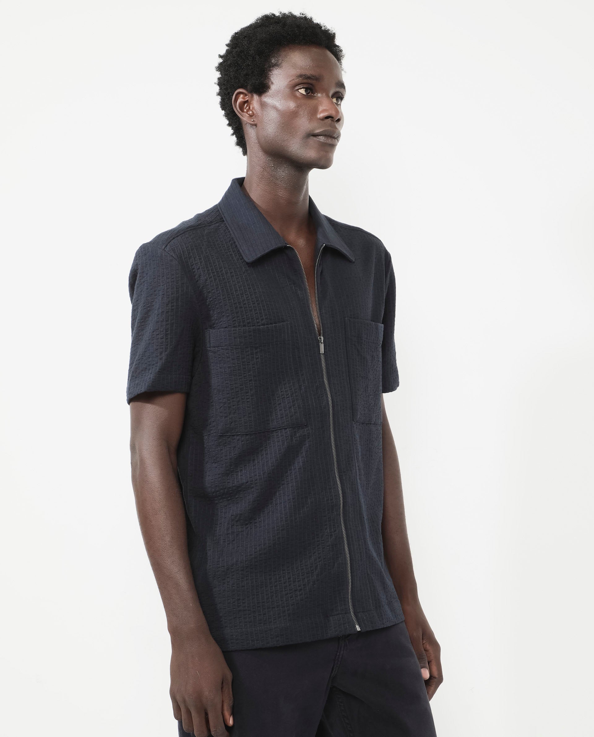 Rare Rabbit Mens Loomz Navy Half Sleeve Solid Broad Collar Zipper Closure Self Stripe Shirt