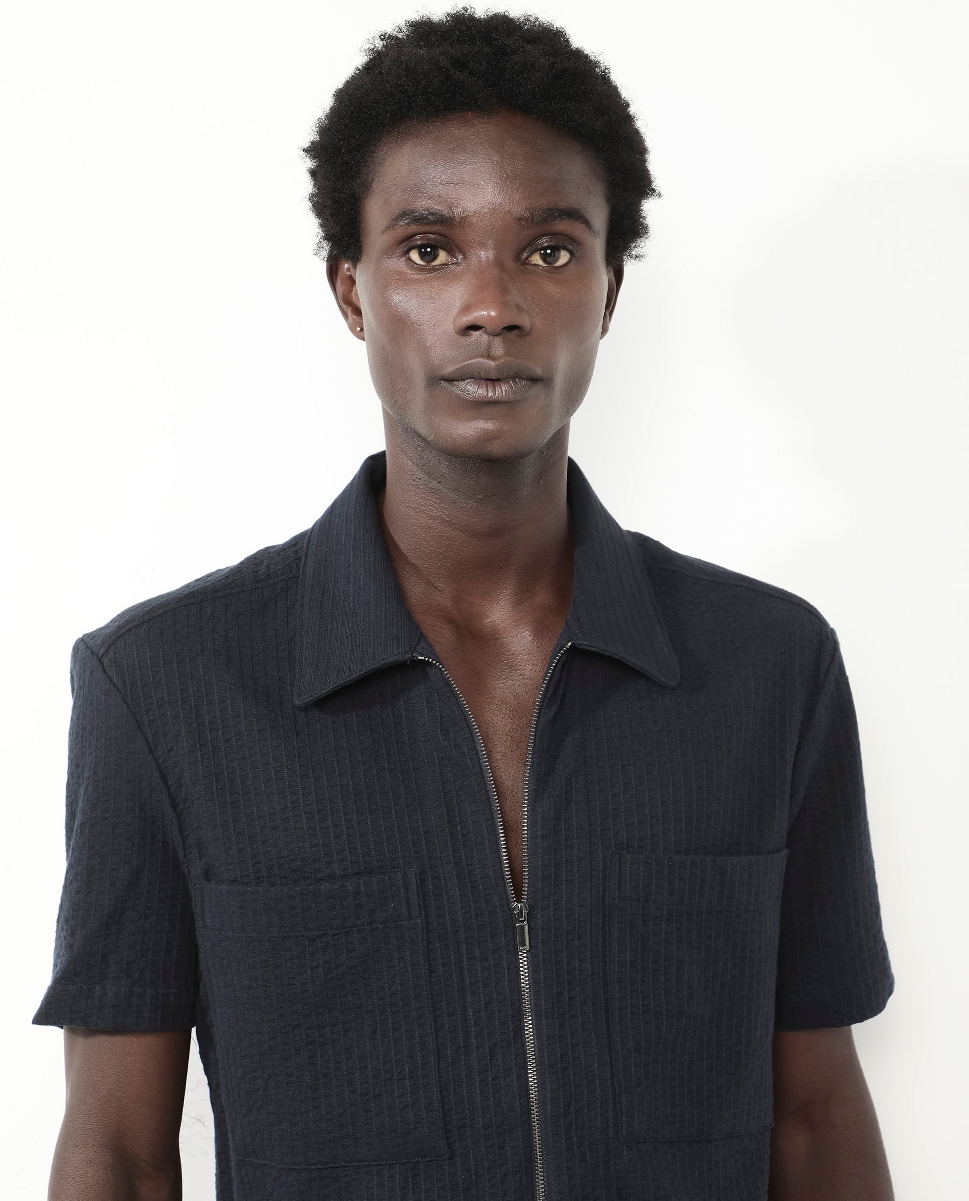 Rare Rabbit Mens Loomz Navy Half Sleeve Solid Broad Collar Zipper Closure Self Stripe Shirt