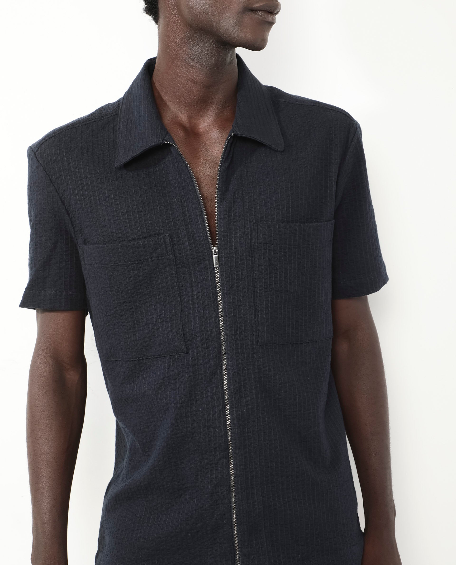 Rare Rabbit Mens Loomz Navy Half Sleeve Solid Broad Collar Zipper Closure Self Stripe Shirt