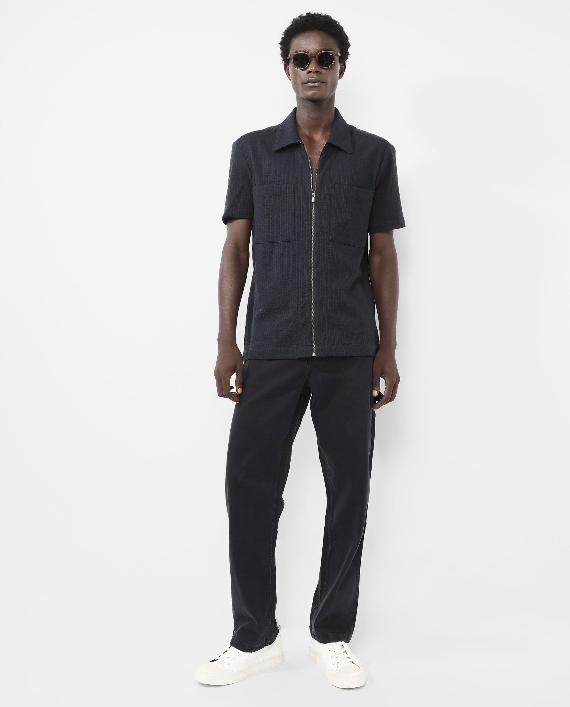 Rare Rabbit Mens Loomz Navy Half Sleeve Solid Broad Collar Zipper Closure Self Stripe Shirt