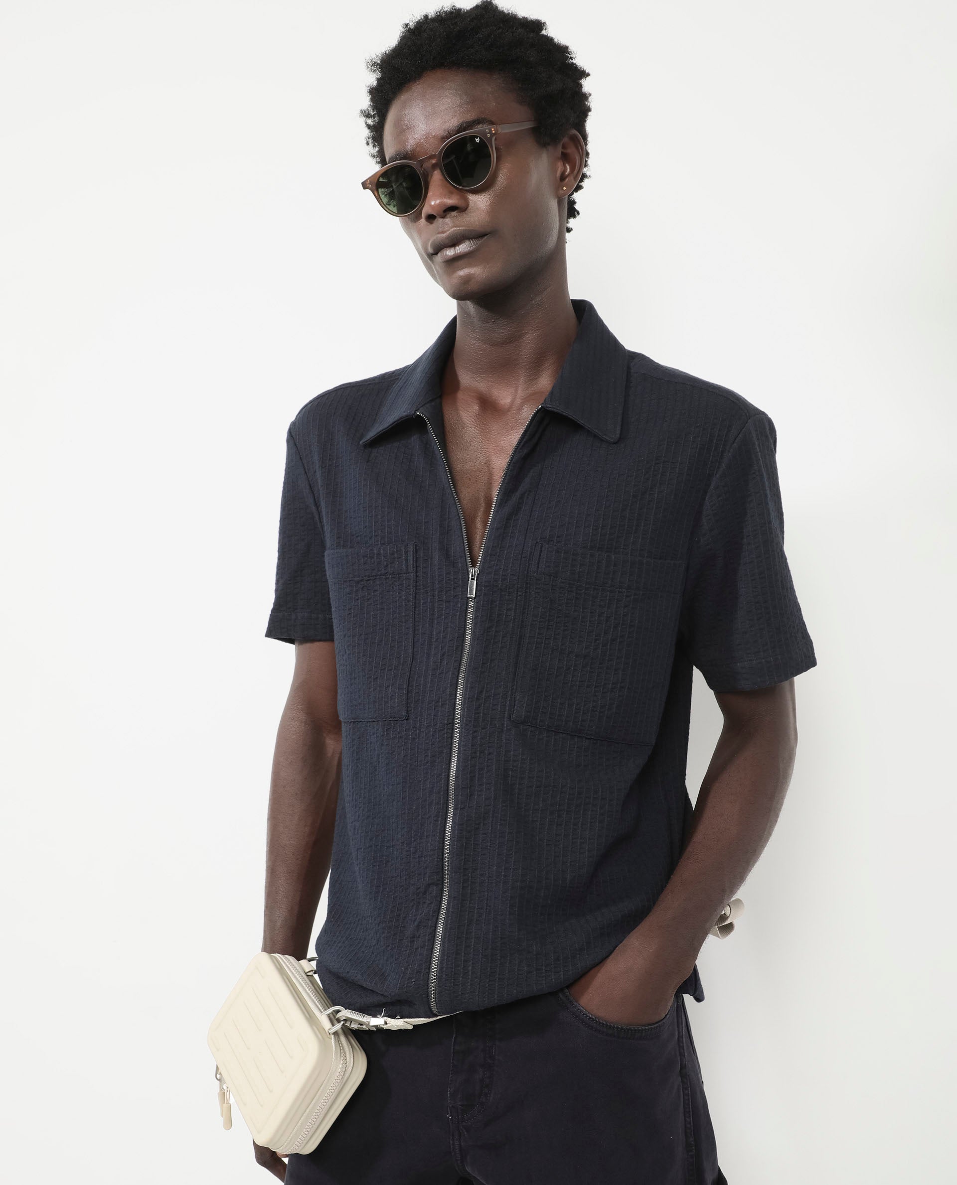 Rare Rabbit Mens Loomz Navy Half Sleeve Solid Broad Collar Zipper Closure Self Stripe Shirt