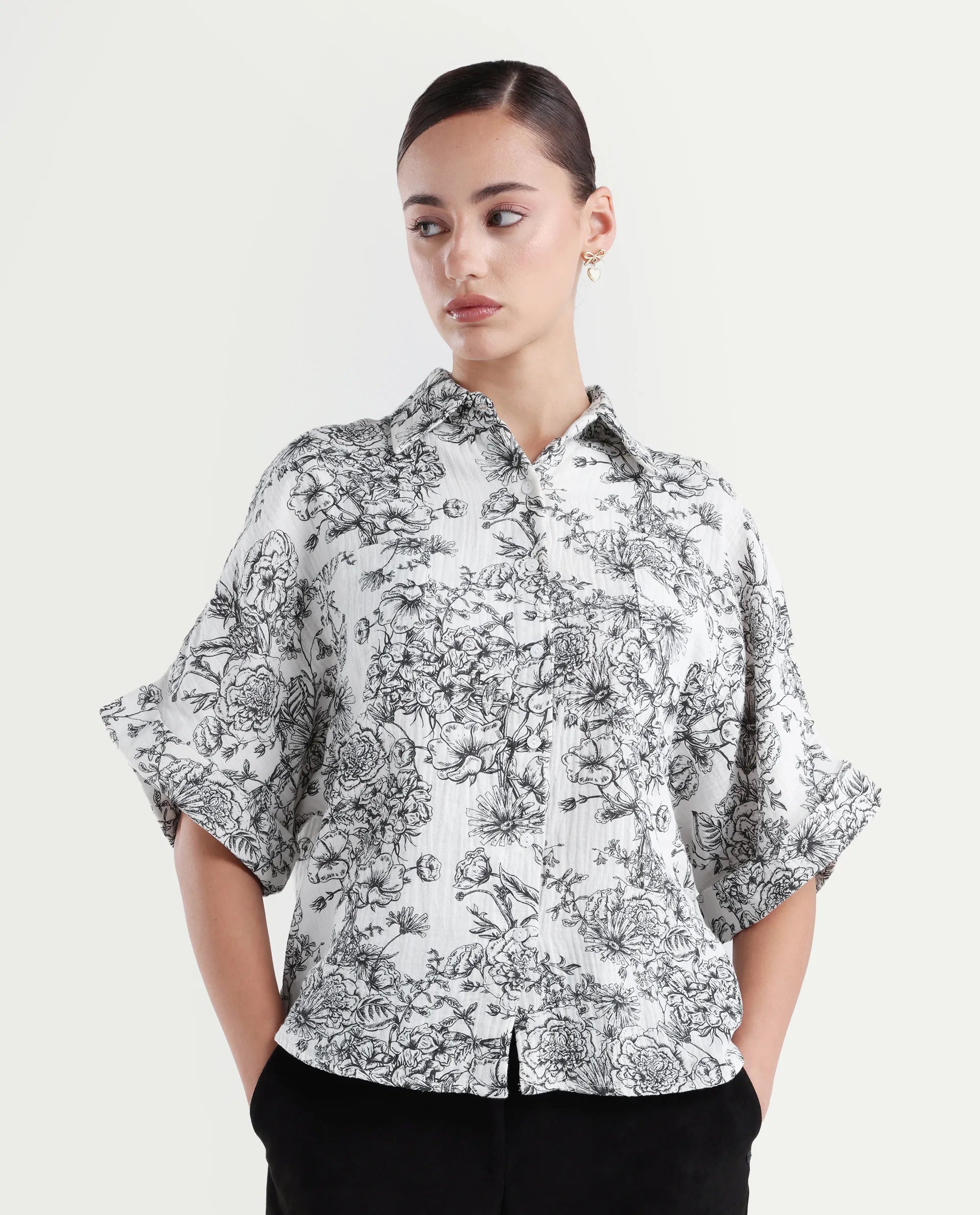 Rareism Women's Loraine Off White Cotton Drop Collar Floral Print Extended Sleeves Regular Fit Top