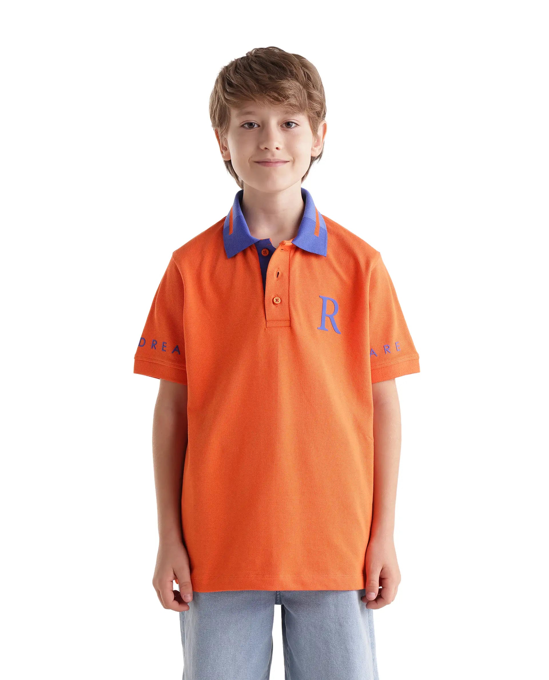 Rare Ones Kids Lora Orange Cotton Blend Fabric Button Closure Regular Fit Graphic Print Polo