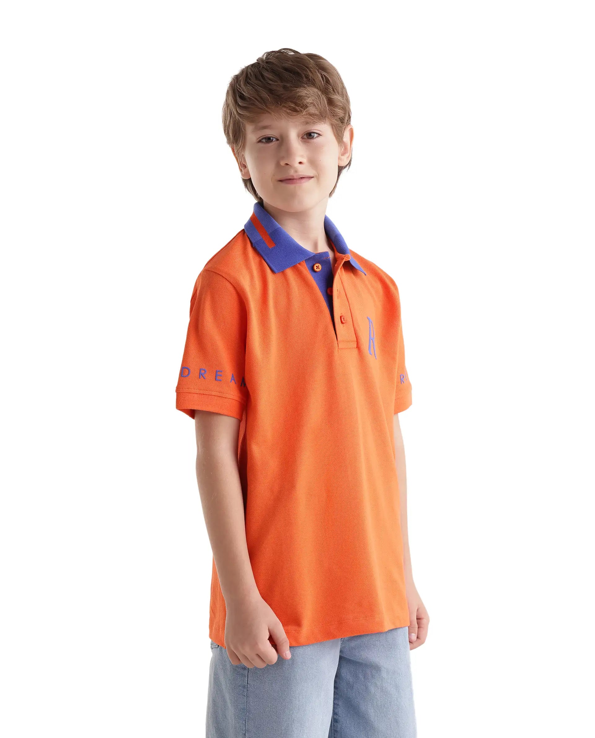 Rare Ones Kids Lora Orange Cotton Blend Fabric Button Closure Regular Fit Graphic Print Polo