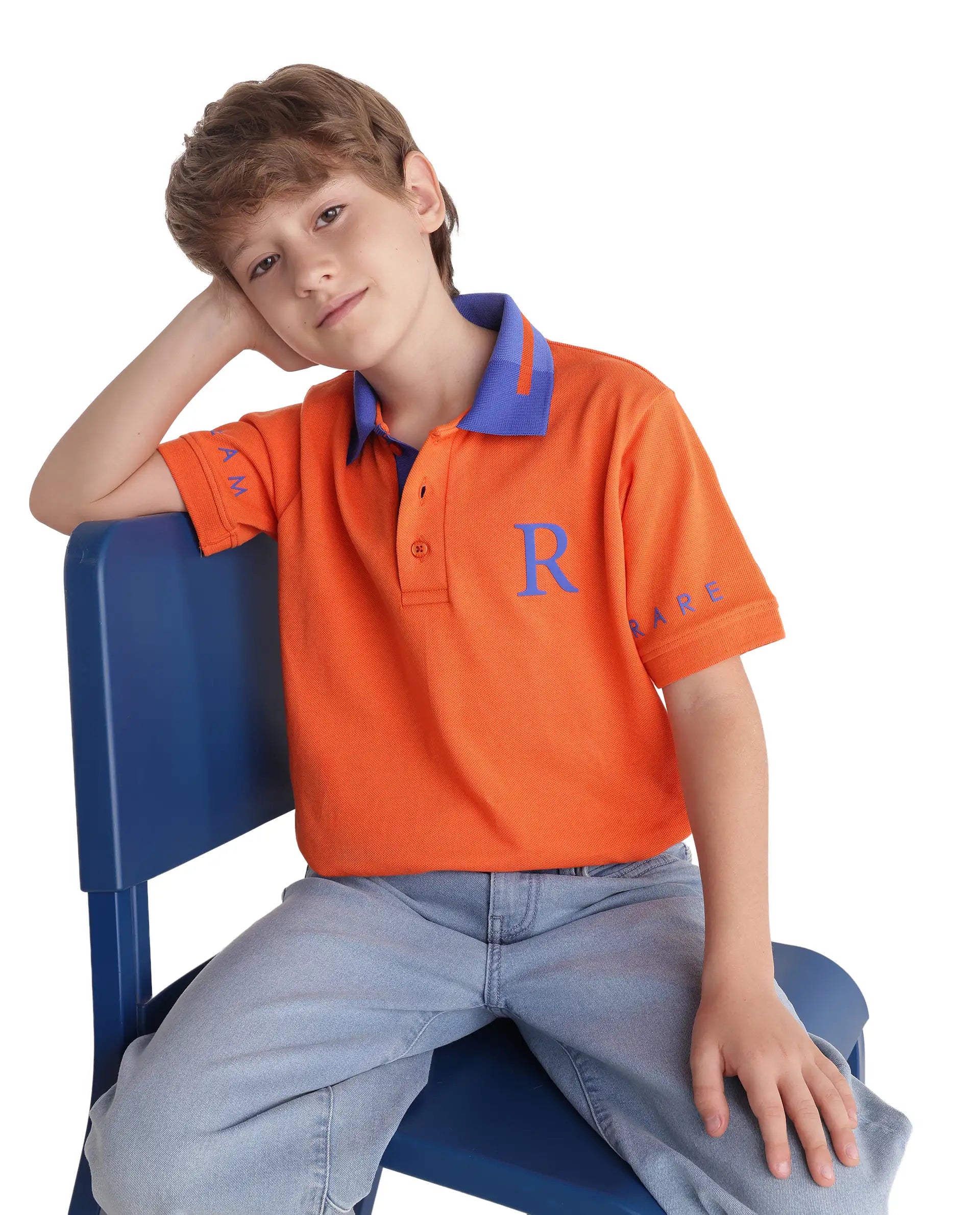 Rare Ones Kids Lora Orange Cotton Blend Fabric Button Closure Regular Fit Graphic Print Polo