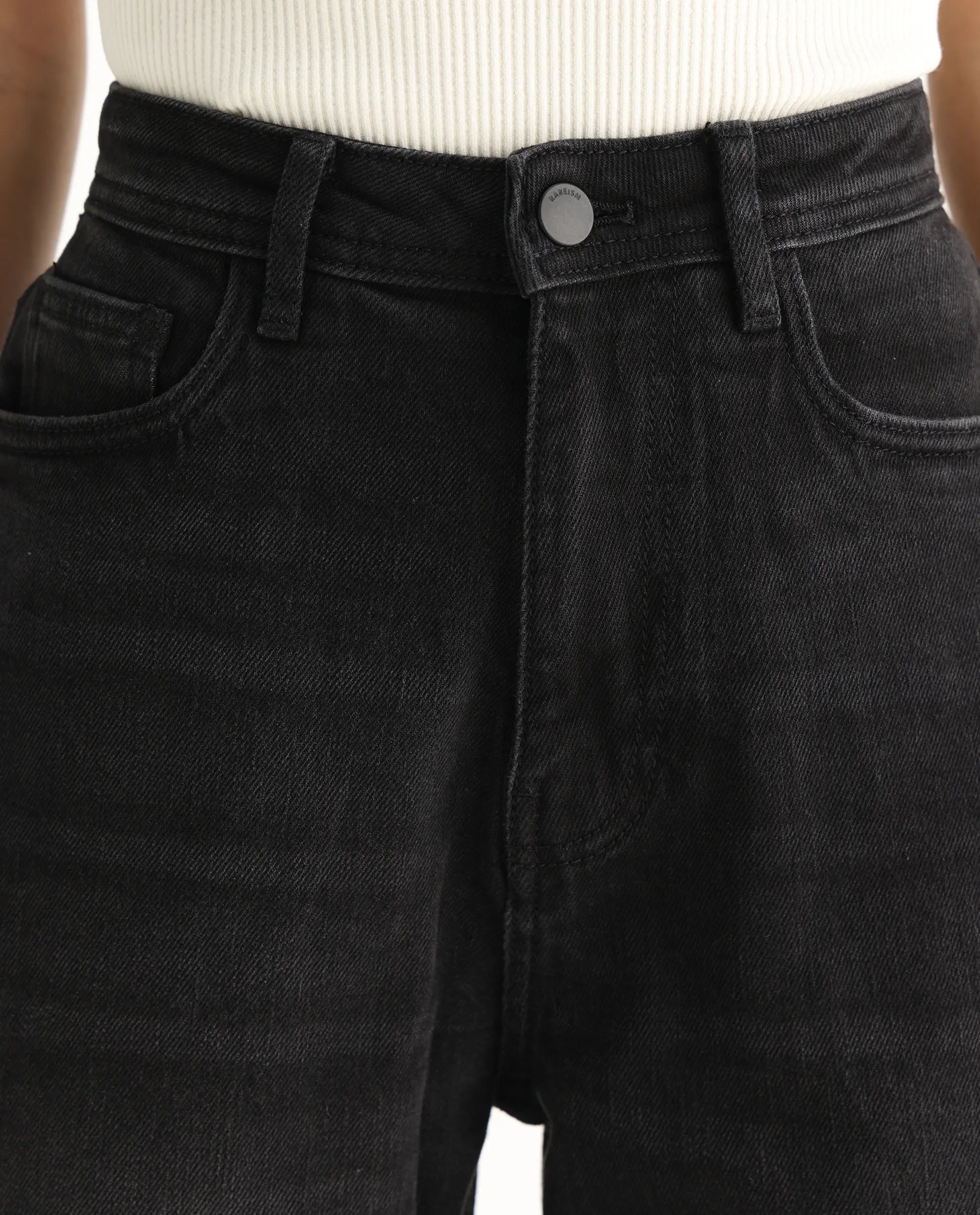 Rareism Women's Loreto Black Cotton Blend Plain Ankle Length Mom Fit Jeans