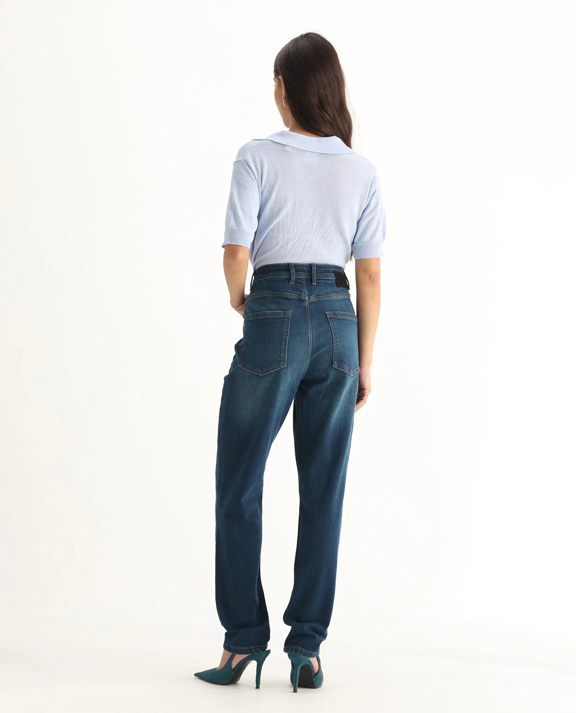 Rareism Women's Loreto Blue Cotton Blend Plain Ankle Length Mom Fit Jeans