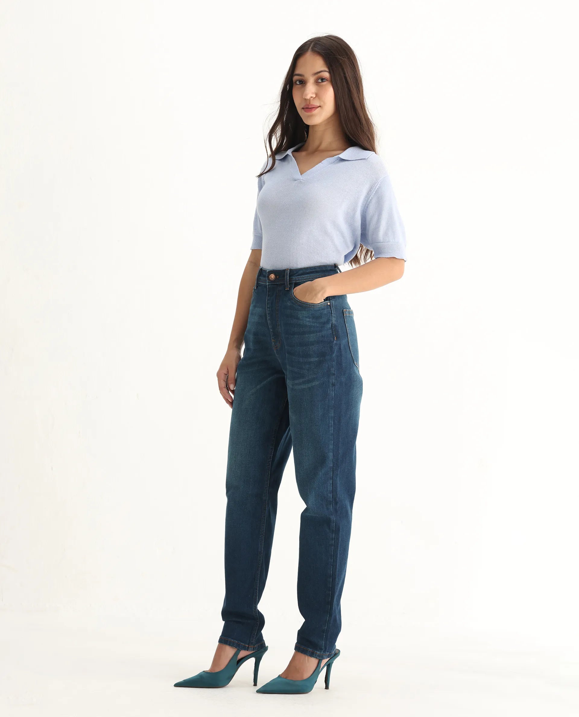 Rareism Women's Loreto Blue Cotton Blend Plain Ankle Length Mom Fit Jeans