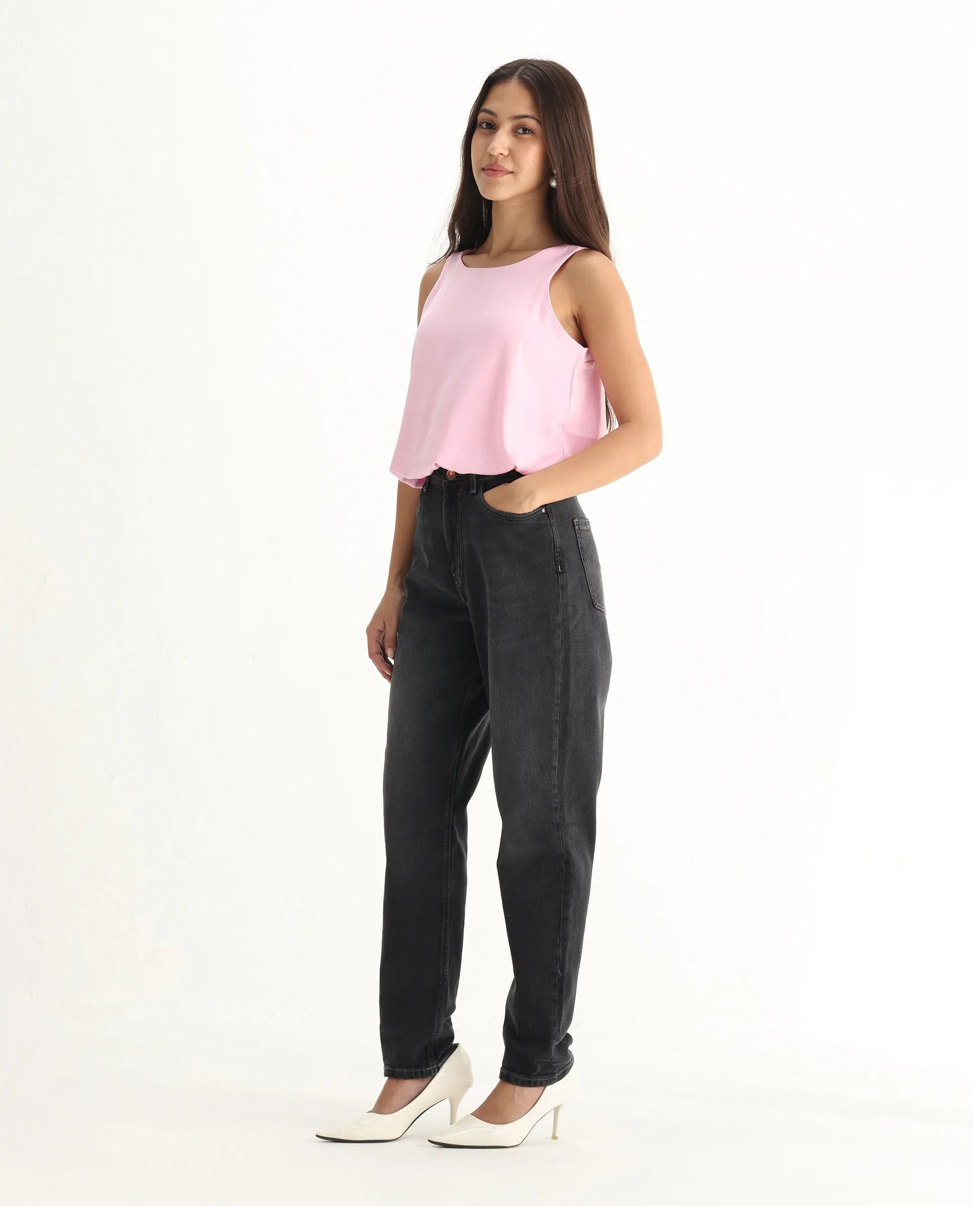 Rareism Women's Loreto Grey Cotton Blend Plain Ankle Length Mom Fit Jeans