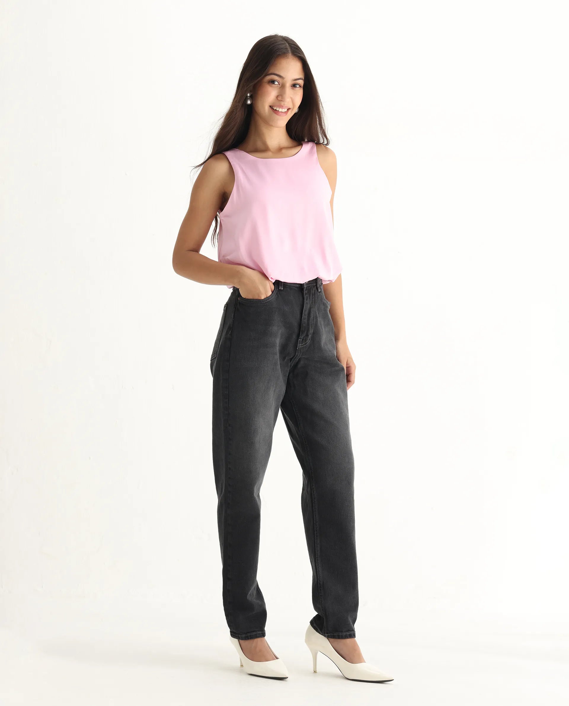 Rareism Women's Loreto Grey Cotton Blend Plain Ankle Length Mom Fit Jeans