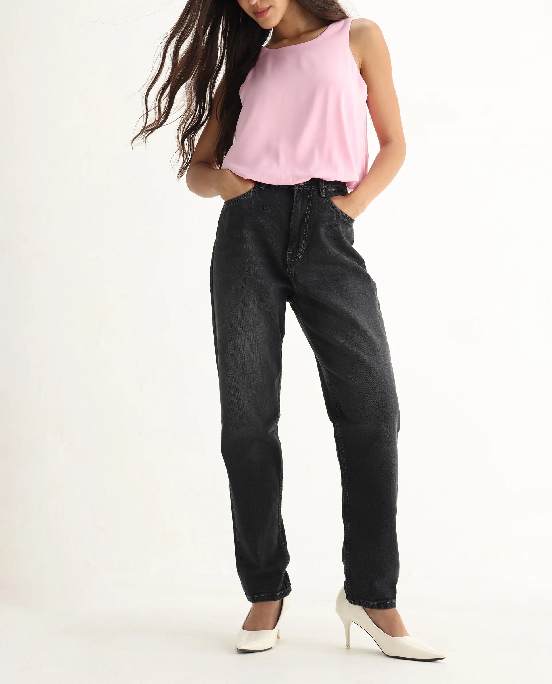 Rareism Women's Loreto Grey Cotton Blend Plain Ankle Length Mom Fit Jeans