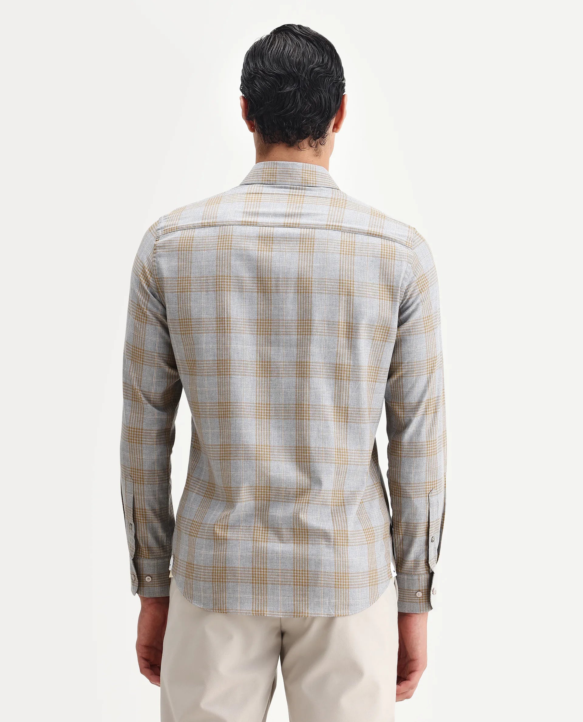 Rare Rabbit Men's Lou Grey Cotton Checked Print Regular Fit Full Sleeve Collared Shirt