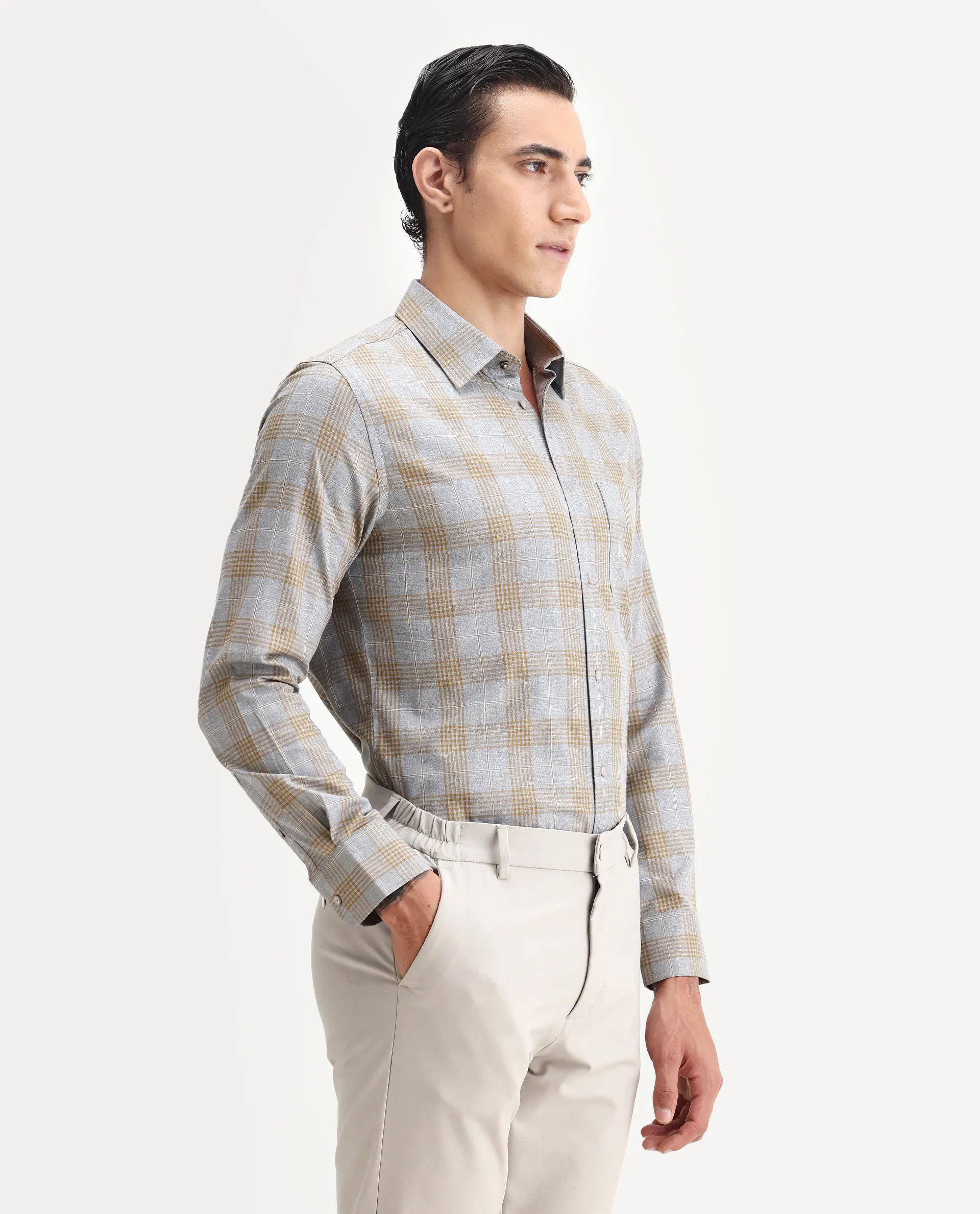 Rare Rabbit Men's Lou Grey Cotton Checked Print Regular Fit Full Sleeve Collared Shirt