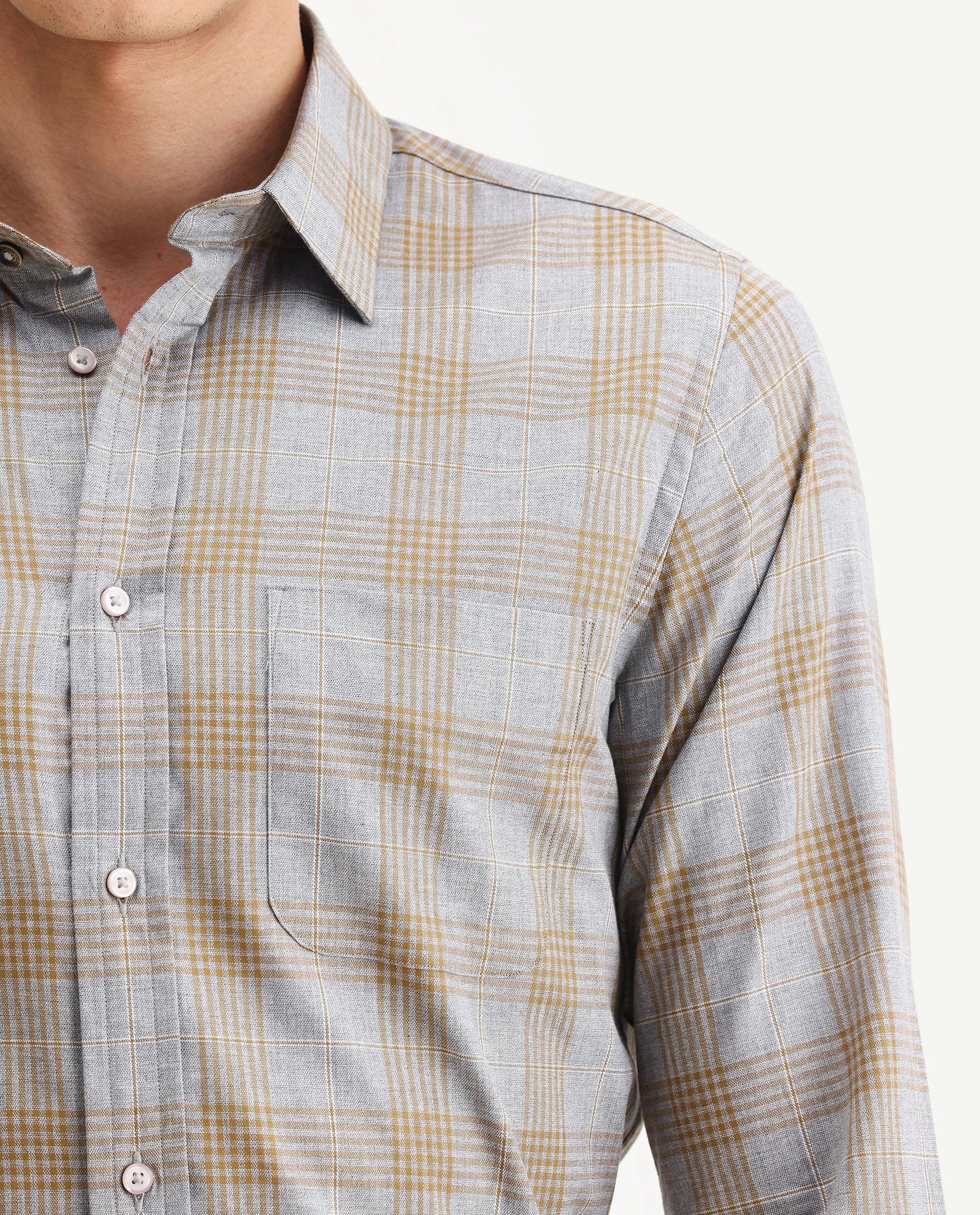 Rare Rabbit Men's Lou Grey Cotton Checked Print Regular Fit Full Sleeve Collared Shirt