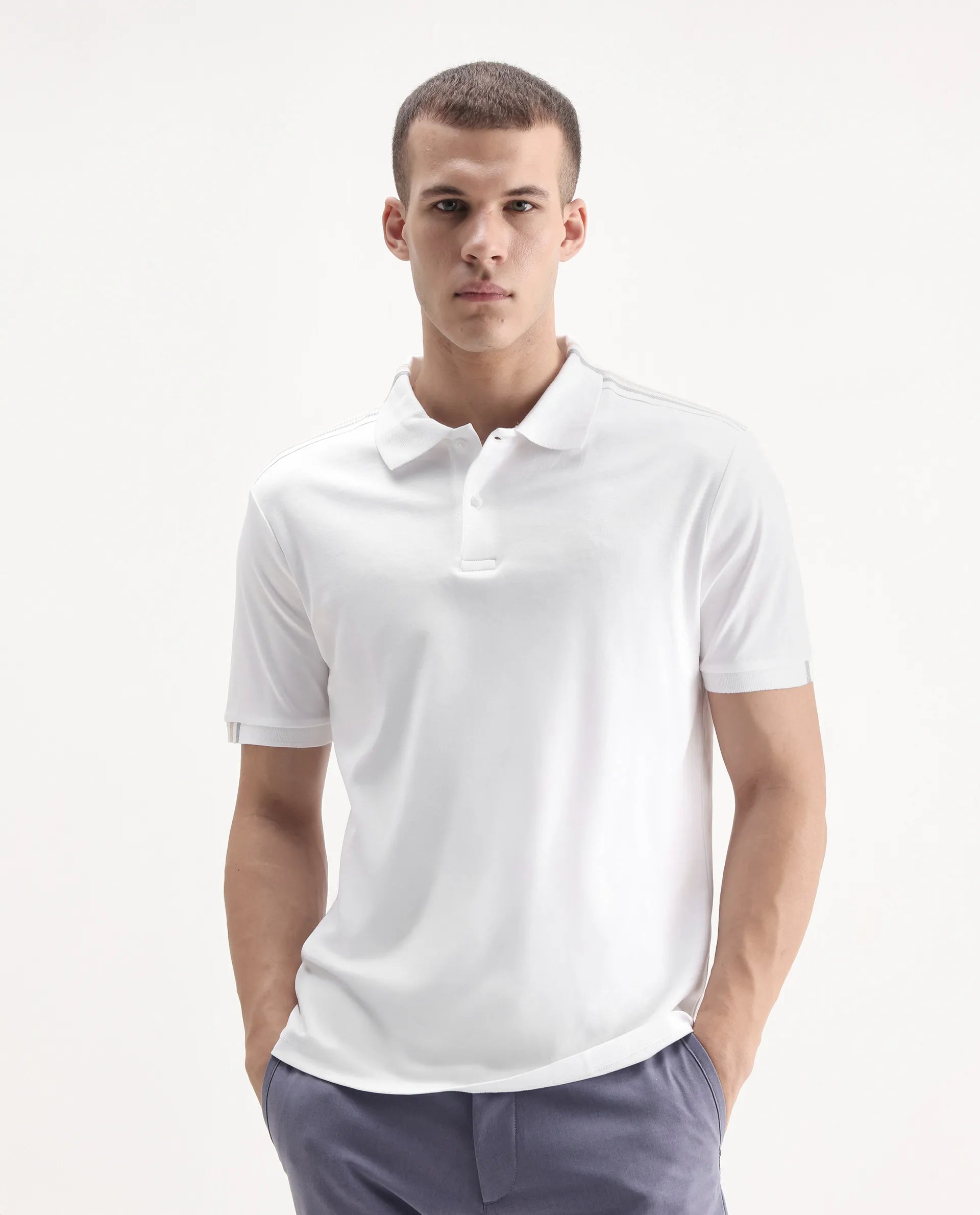 Rare Rabbit Men Loui Off White Cotton Fabric Striped Short Sleeve And Collar Neck Plain Polo