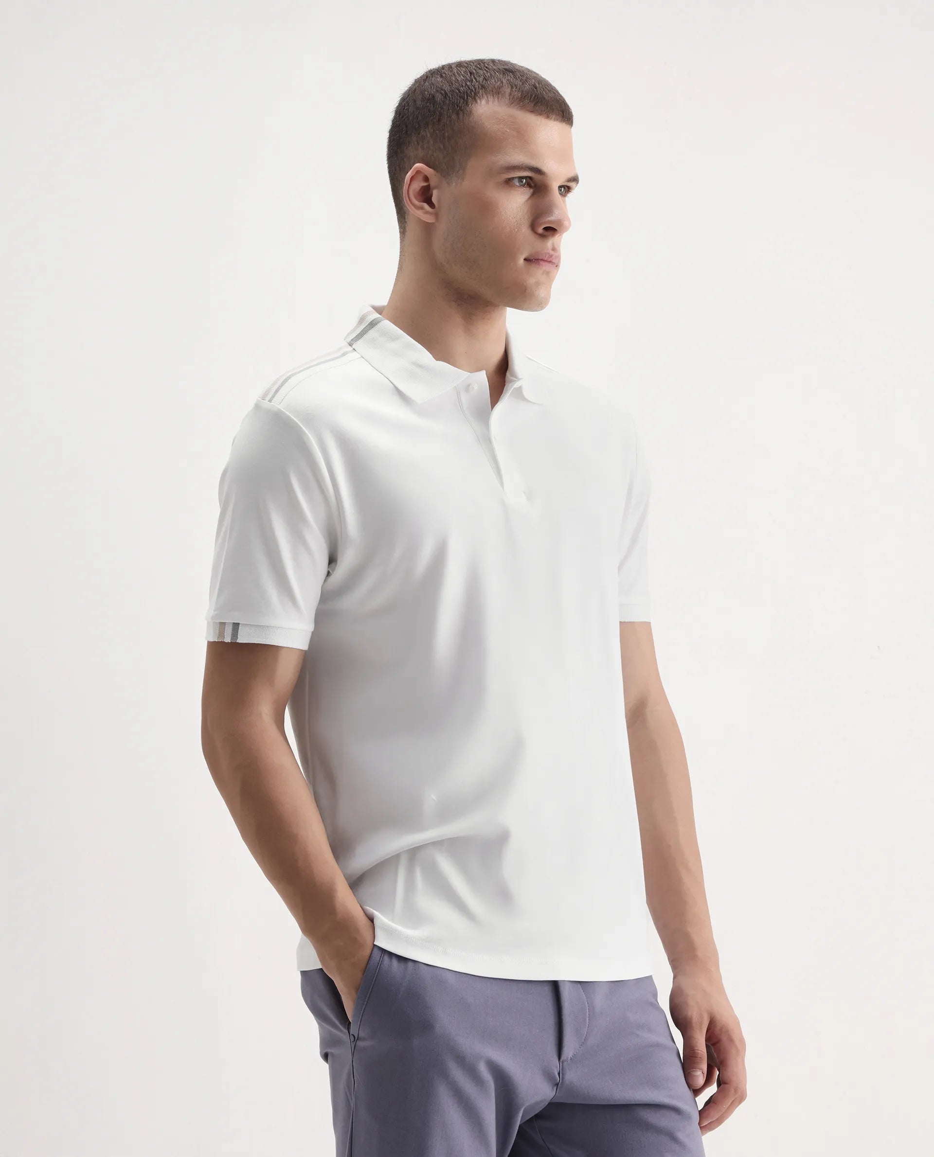 Rare Rabbit Men Loui Off White Cotton Fabric Striped Short Sleeve And Collar Neck Plain Polo