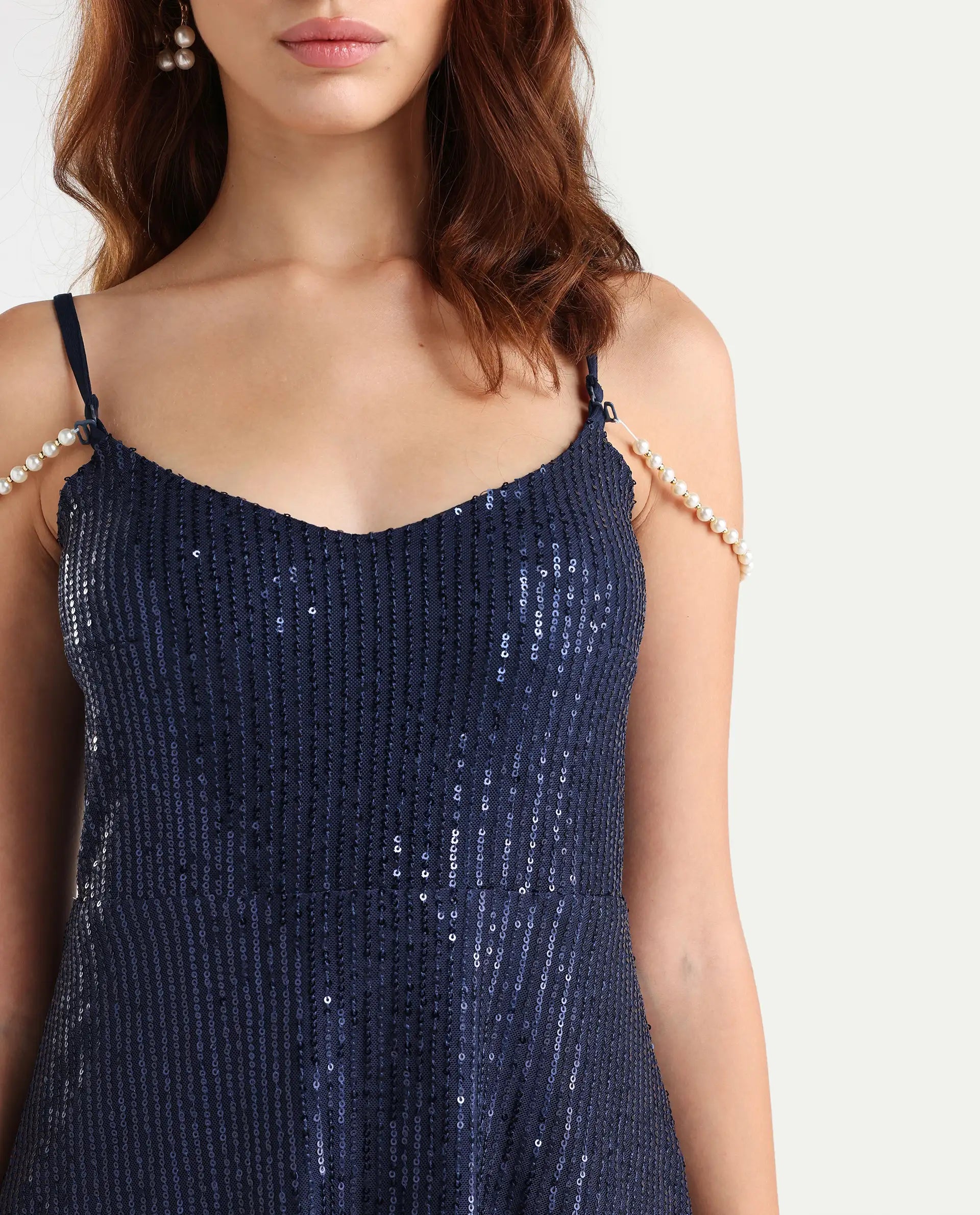 Rareism Women's Lovez Blue Nylon Shoulder Strap Sequined Shoulder Strap Knee Length Regular Fit Dress