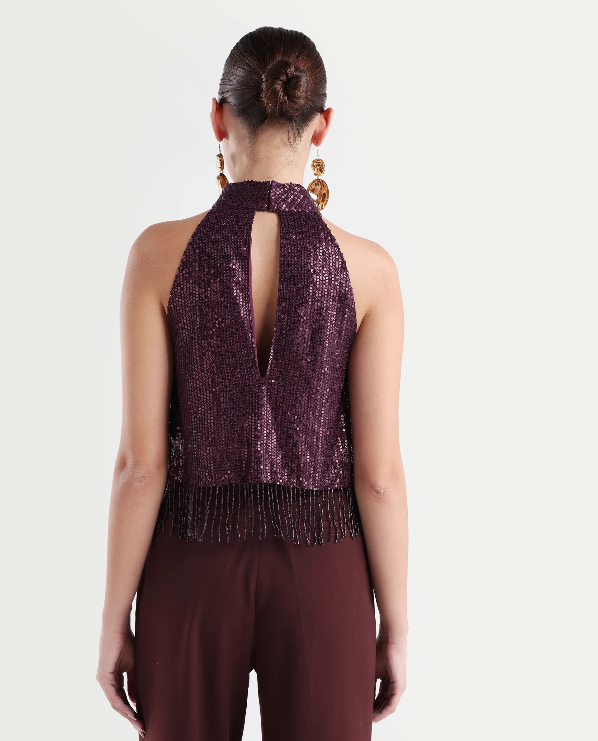 Rareism Women's Lovia Maroon Nylon Halter Neck Sequined Sleeveless Regular Fit Top