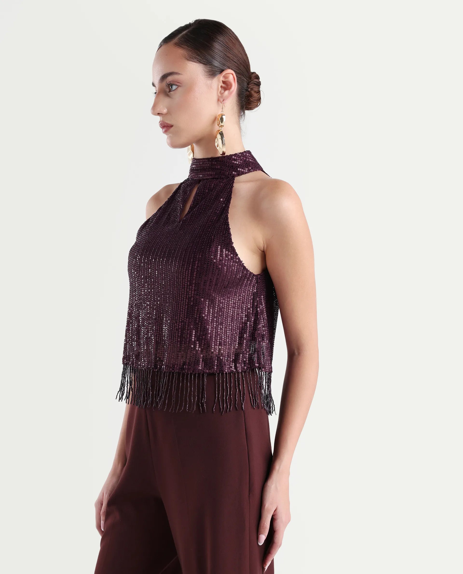 Rareism Women's Lovia Maroon Nylon Halter Neck Sequined Sleeveless Regular Fit Top