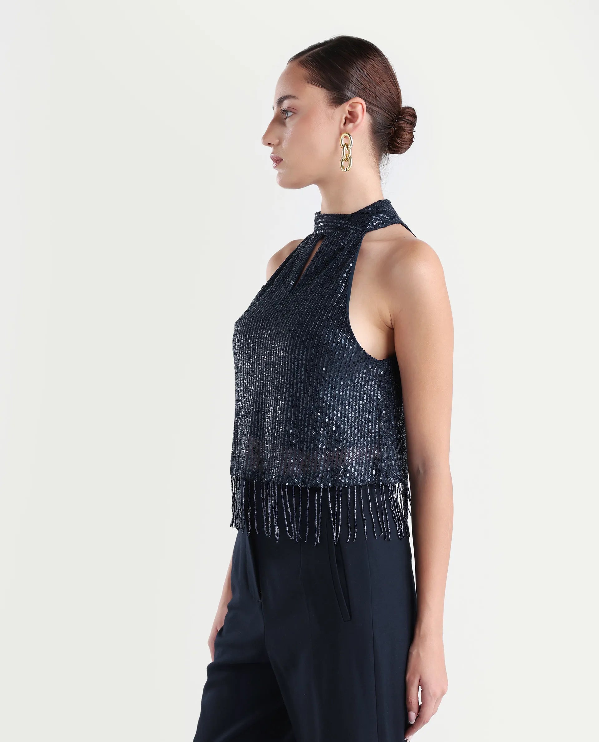 Rareism Women's Lovia Black Nylon Halter Neck Sequined Sleeveless Regular Fit Top