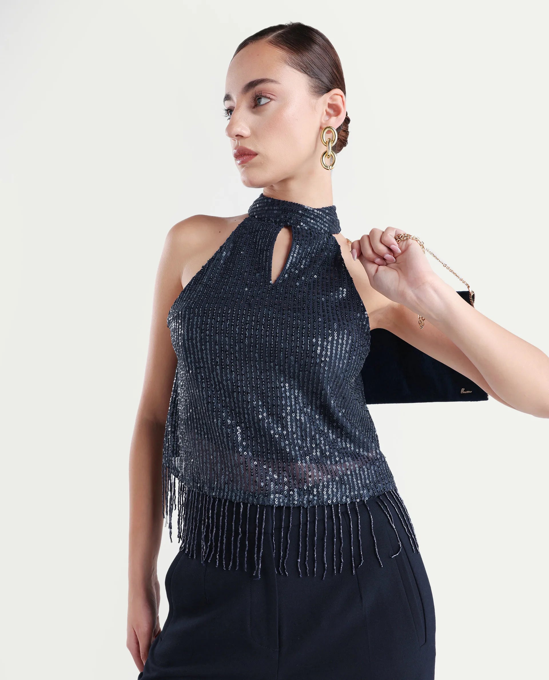 Rareism Women's Lovia Black Nylon Halter Neck Sequined Sleeveless Regular Fit Top