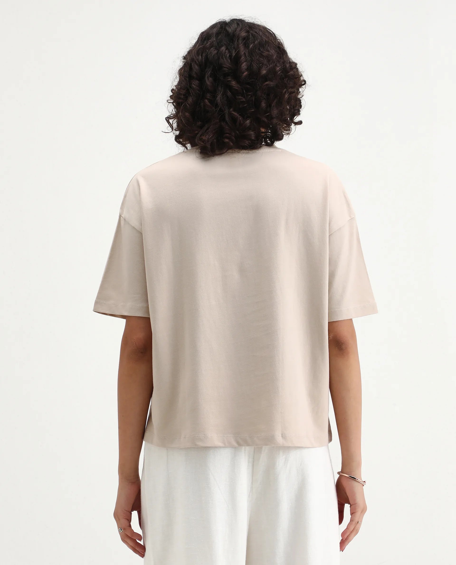 Rareism Women's Lowe Beige Cotton Blend Crew Neck Graphic Print Regular Fit T-Shirt