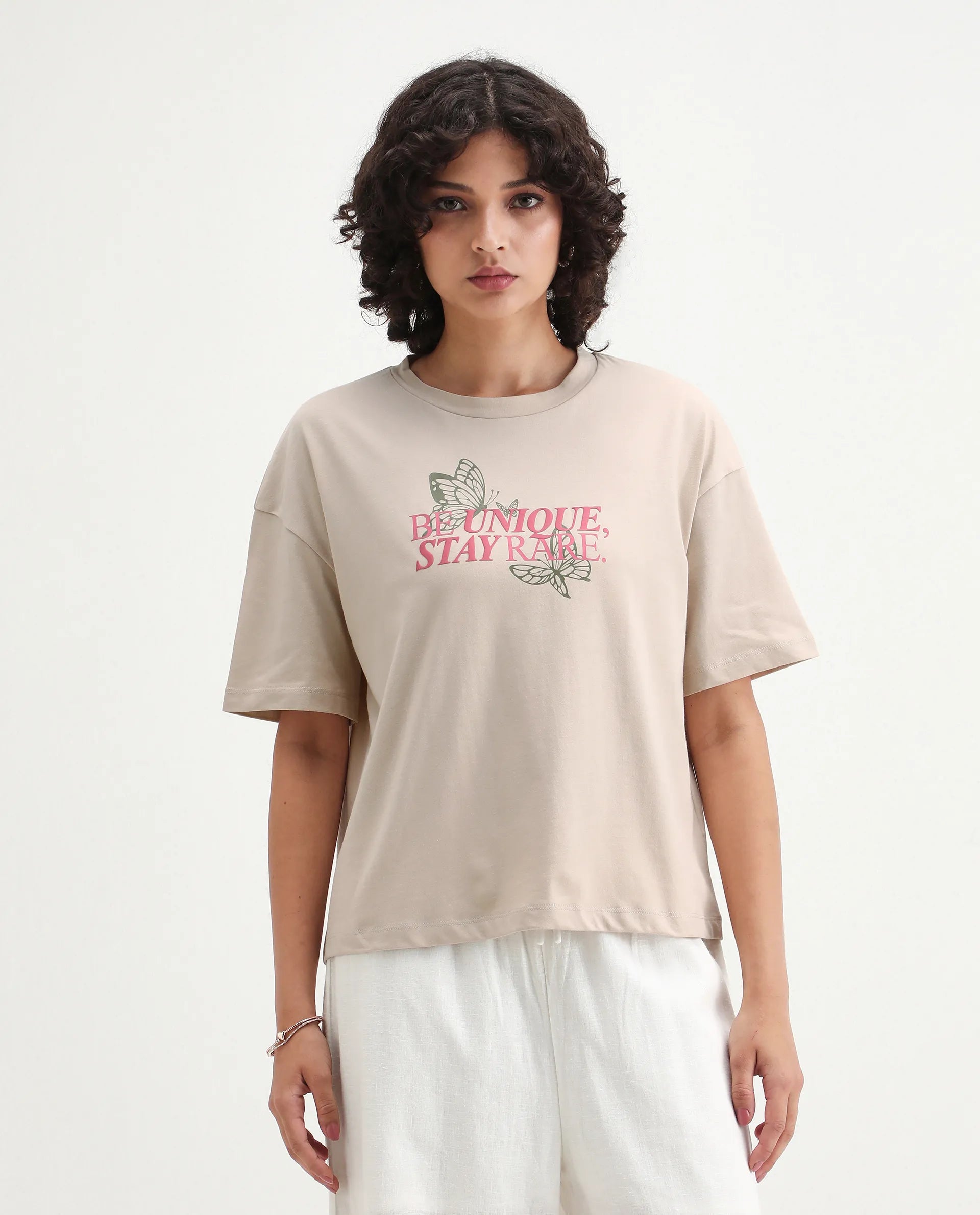 Rareism Women's Lowe Beige Cotton Blend Crew Neck Graphic Print Regular Fit T-Shirt