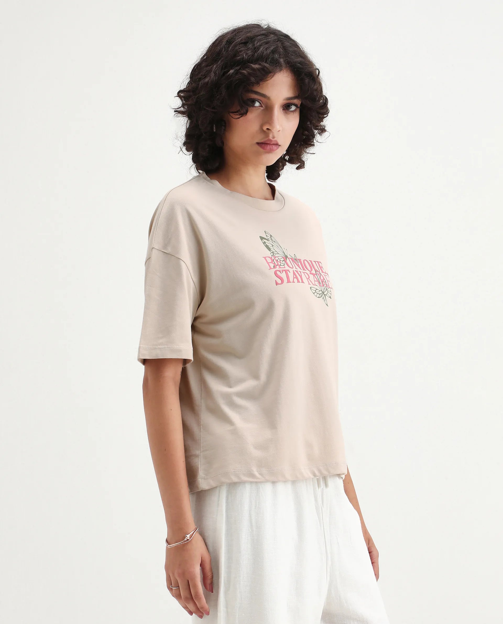 Rareism Women's Lowe Beige Cotton Blend Crew Neck Graphic Print Regular Fit T-Shirt