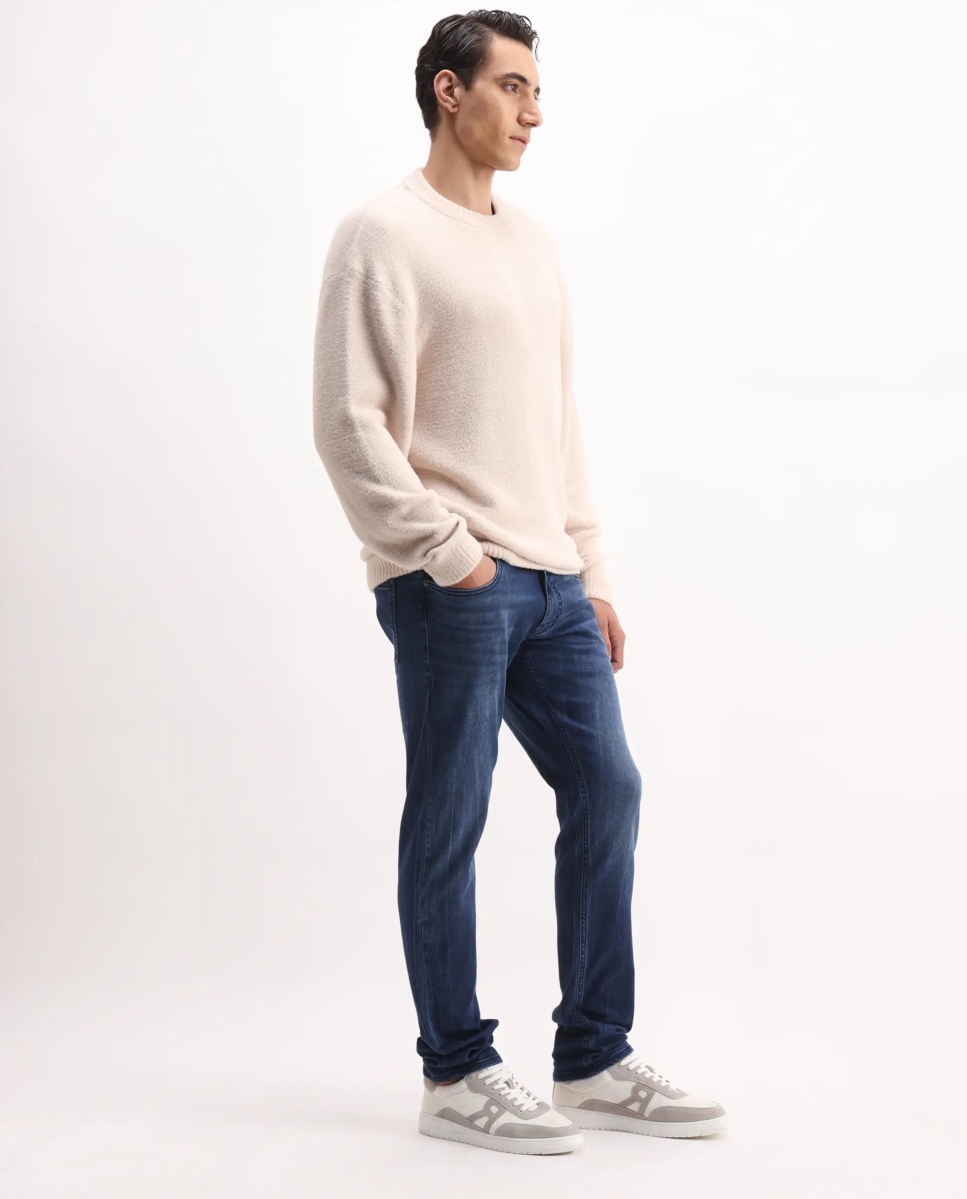 Rare Rabbit Men's Lucas-S Dark Blue Cotton Blend Plain Hawk Slim Fit Jeans