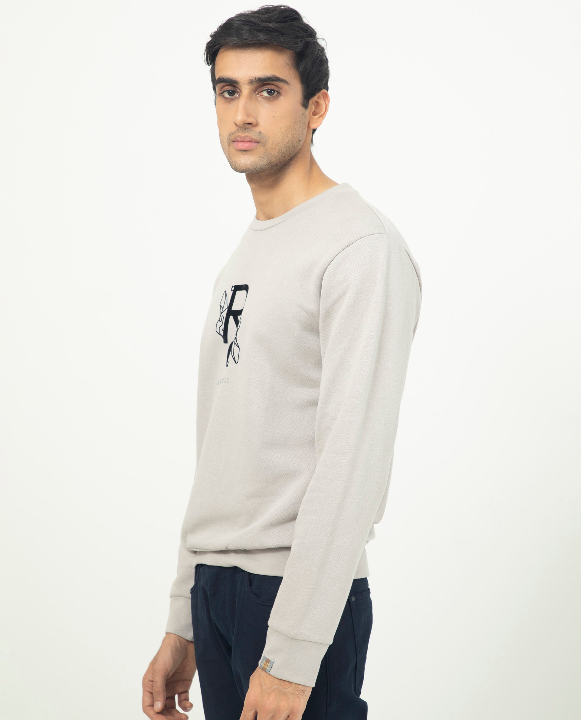 Rare Rabbit Mens Lucien Grey Cotton Polyester Fabric Full Sleeves Graphic Printed Logo Knitted Sweatshirt