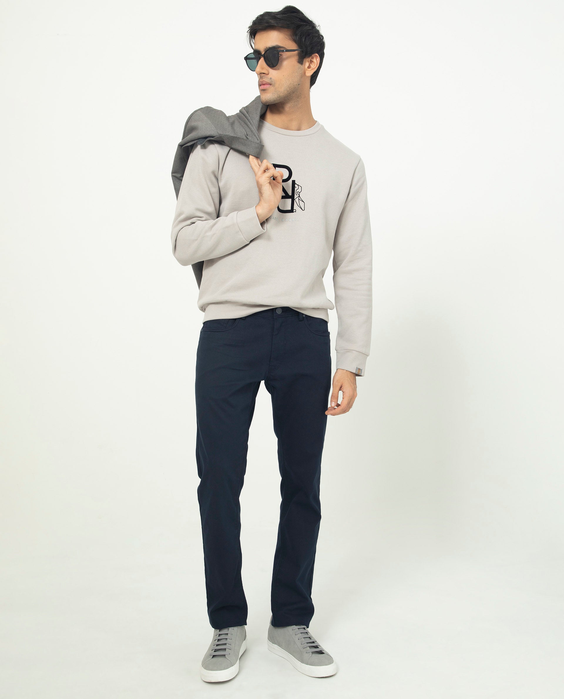 Rare Rabbit Mens Lucien Grey Cotton Polyester Fabric Full Sleeves Graphic Printed Logo Knitted Sweatshirt