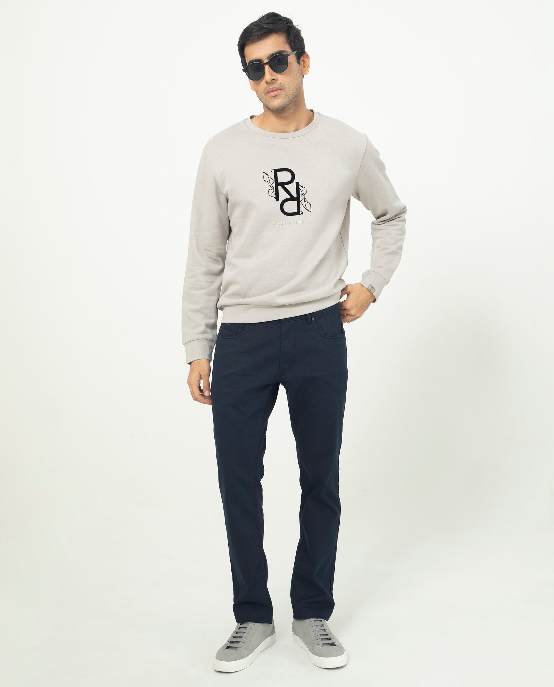 Rare Rabbit Mens Lucien Grey Cotton Polyester Fabric Full Sleeves Graphic Printed Logo Knitted Sweatshirt