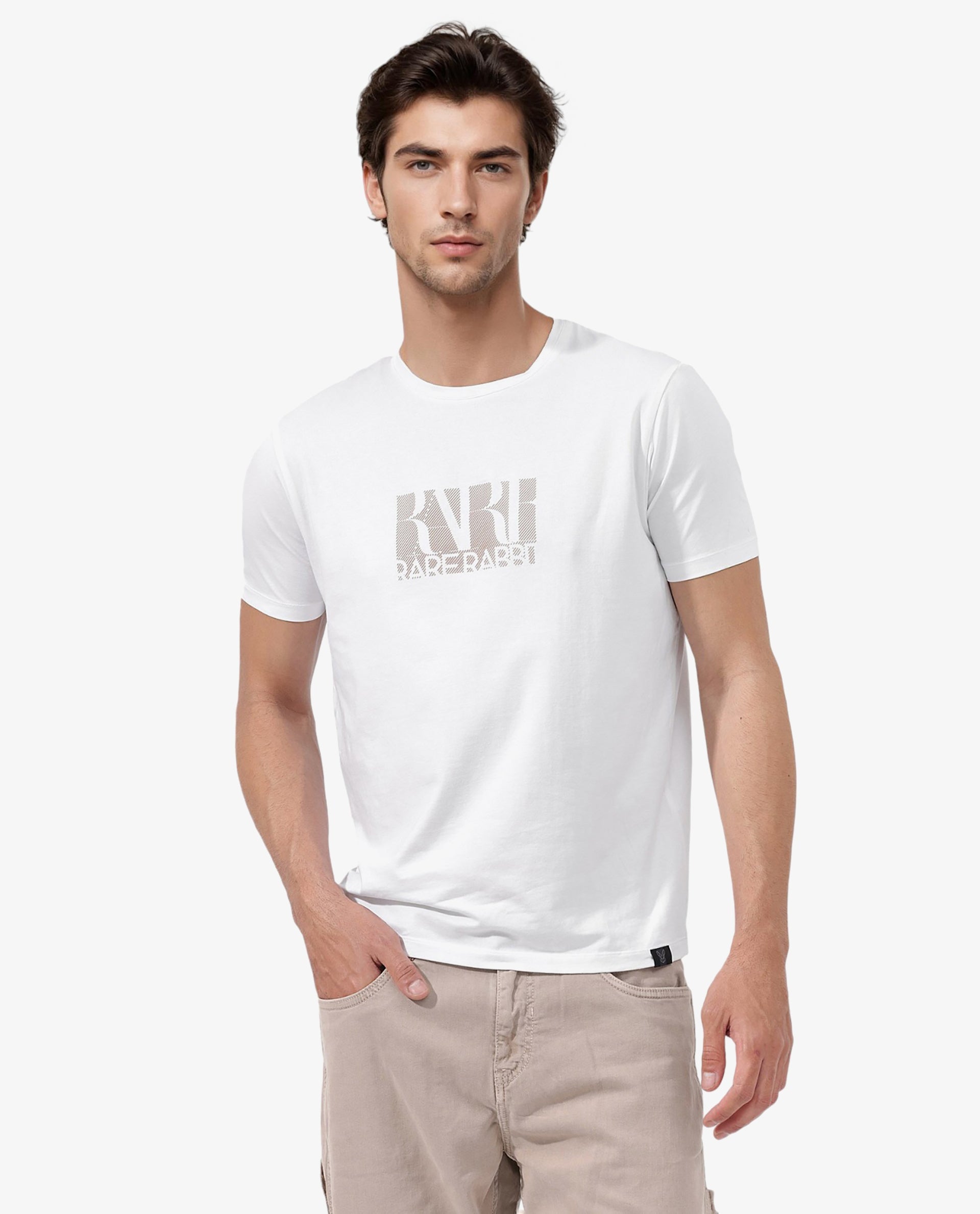 Rare Rabbit Mens Luno White Cotton Blrend Fabric Half Sleeve Graphic Printed T-Shirt