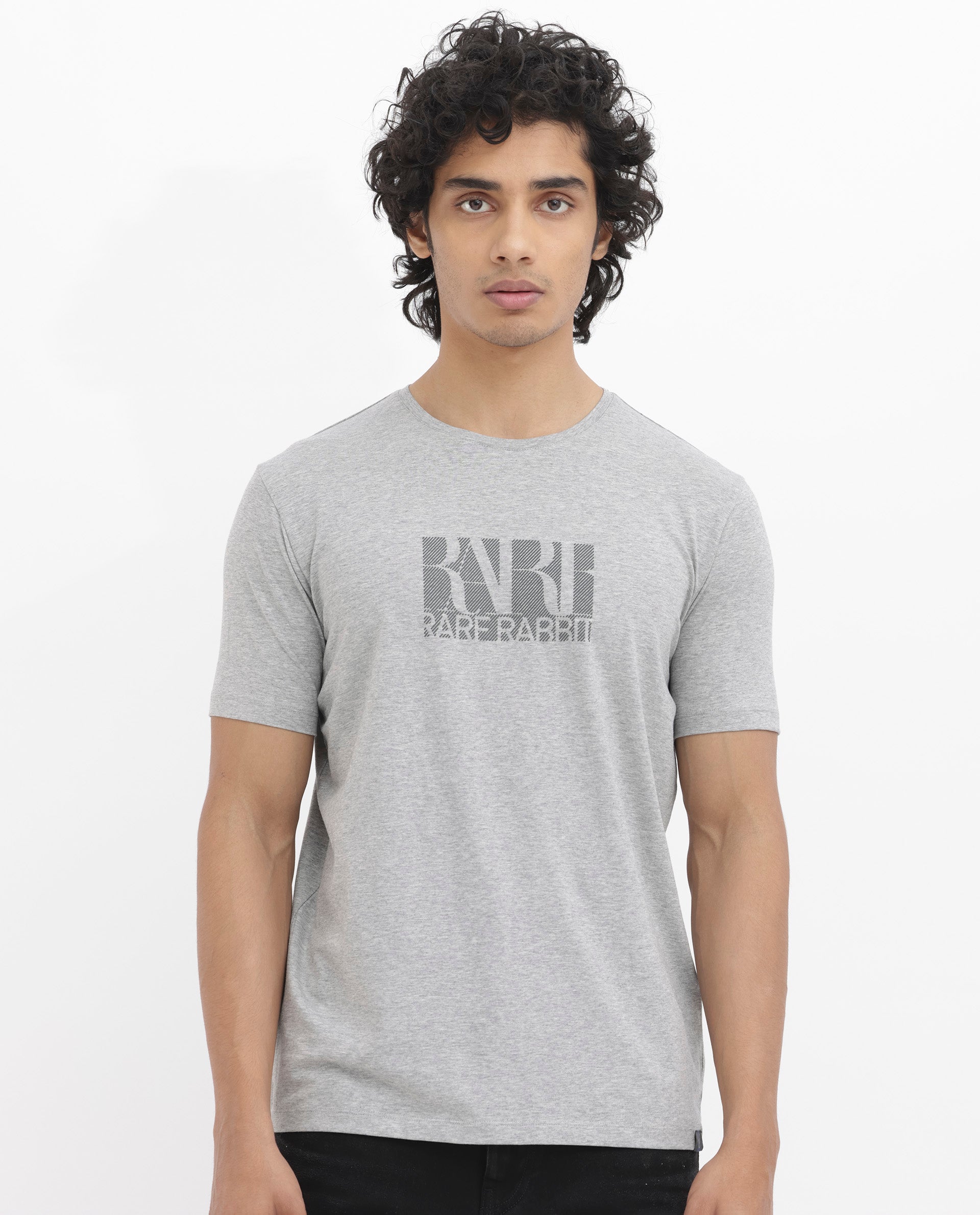 Rare Rabbit Men's Luno Mel Grey Cotton Lycra Fabric Half Sleeves Melange Graphic Print T-Shirt
