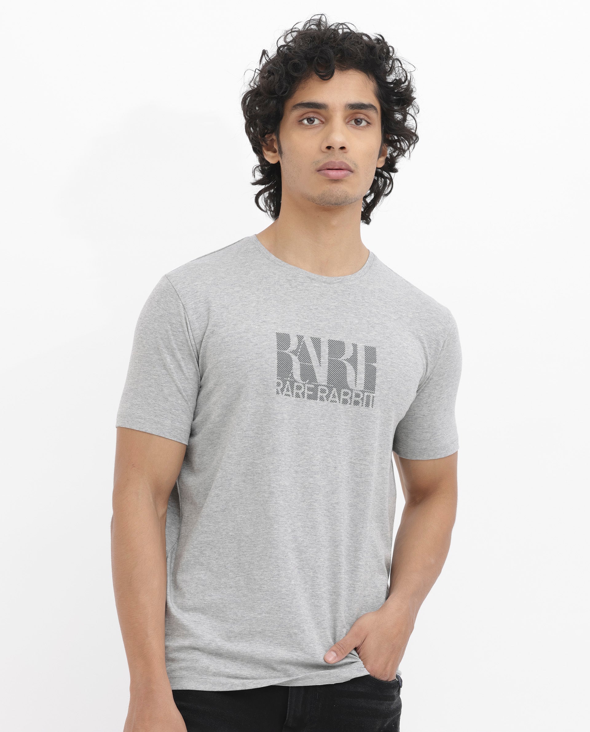 Rare Rabbit Men's Luno Mel Grey Cotton Lycra Fabric Half Sleeves Melange Graphic Print T-Shirt