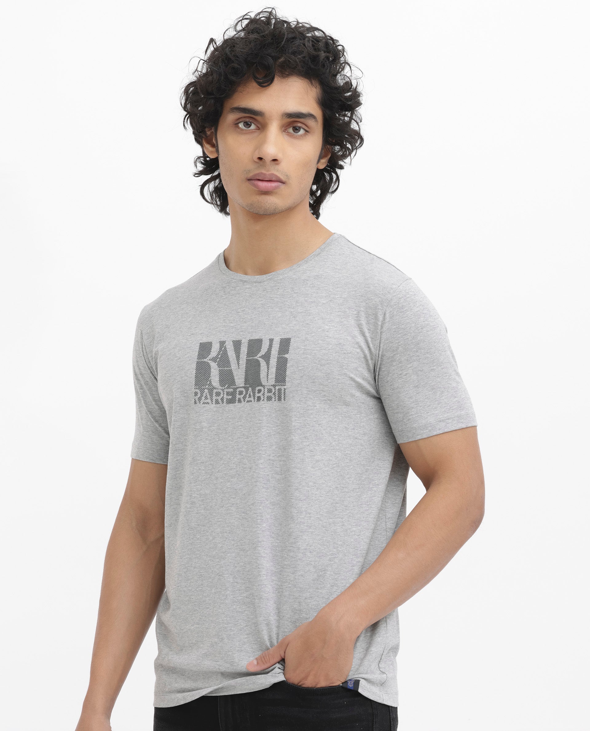 Rare Rabbit Men's Luno Mel Grey Cotton Lycra Fabric Half Sleeves Melange Graphic Print T-Shirt