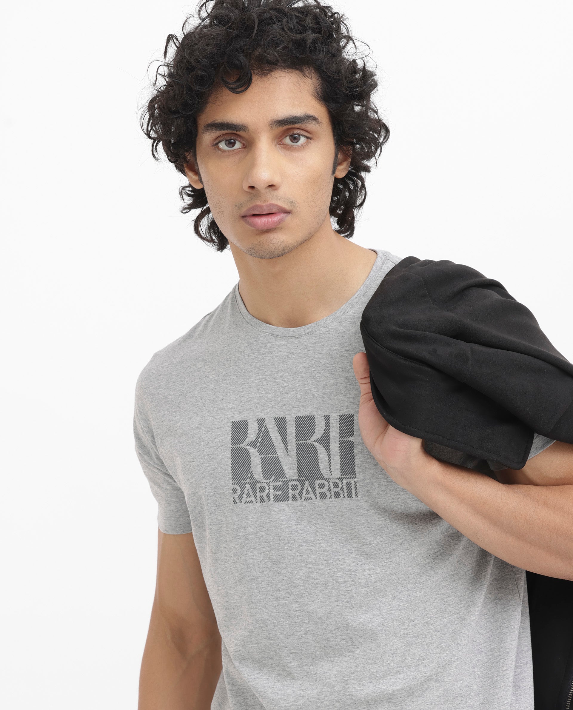 Rare Rabbit Men's Luno Mel Grey Cotton Lycra Fabric Half Sleeves Melange Graphic Print T-Shirt