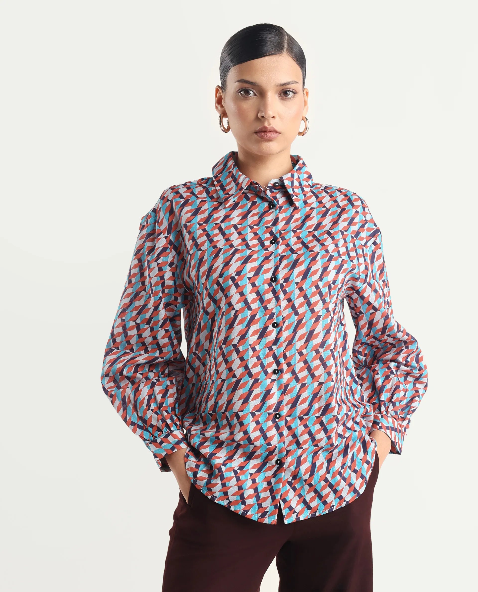 Rareism Women's Luren Dark Multi Cotton Blend Drop Collar Geometric Print Cuffed Sleeve Regular Fit Shirt