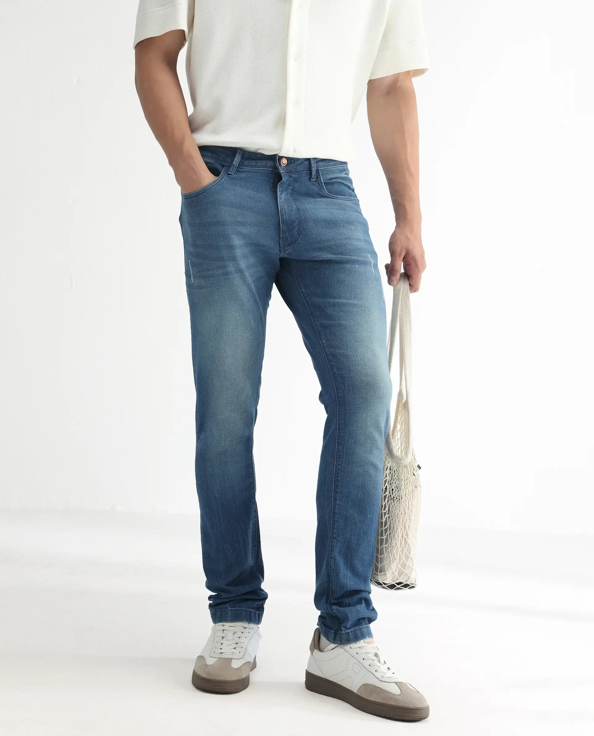 Rare Rabbit Men's Luxen Blue Cotton Plain Hawk Slim Fit Jeans